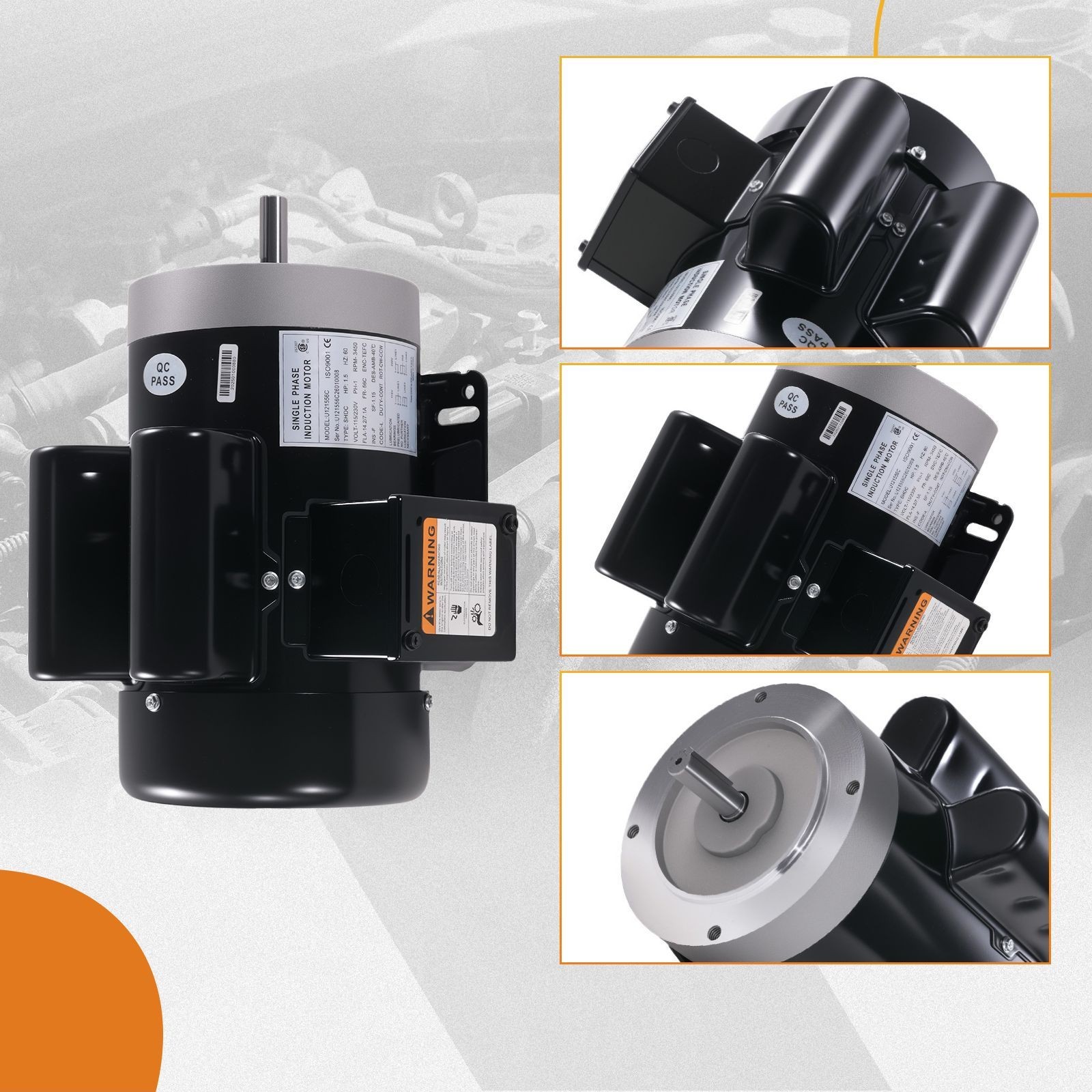 1.5HP 115V/230V Single Phase Electric Motor 3450RPM 56C Frame ODP CCW Rotation