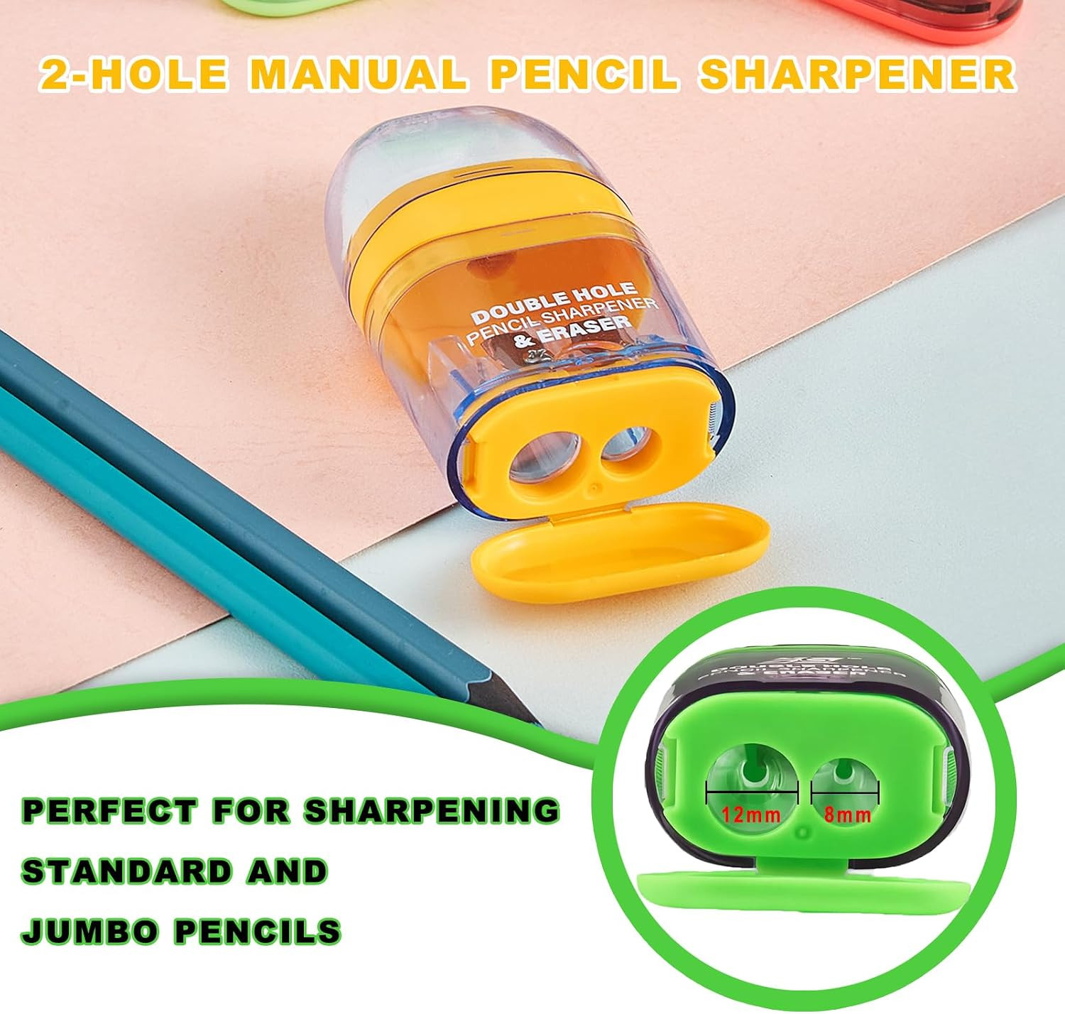Pencil Sharpener with Eraser, 4 Pack,2 Sharpening Holes, Colorful Manual Handhel