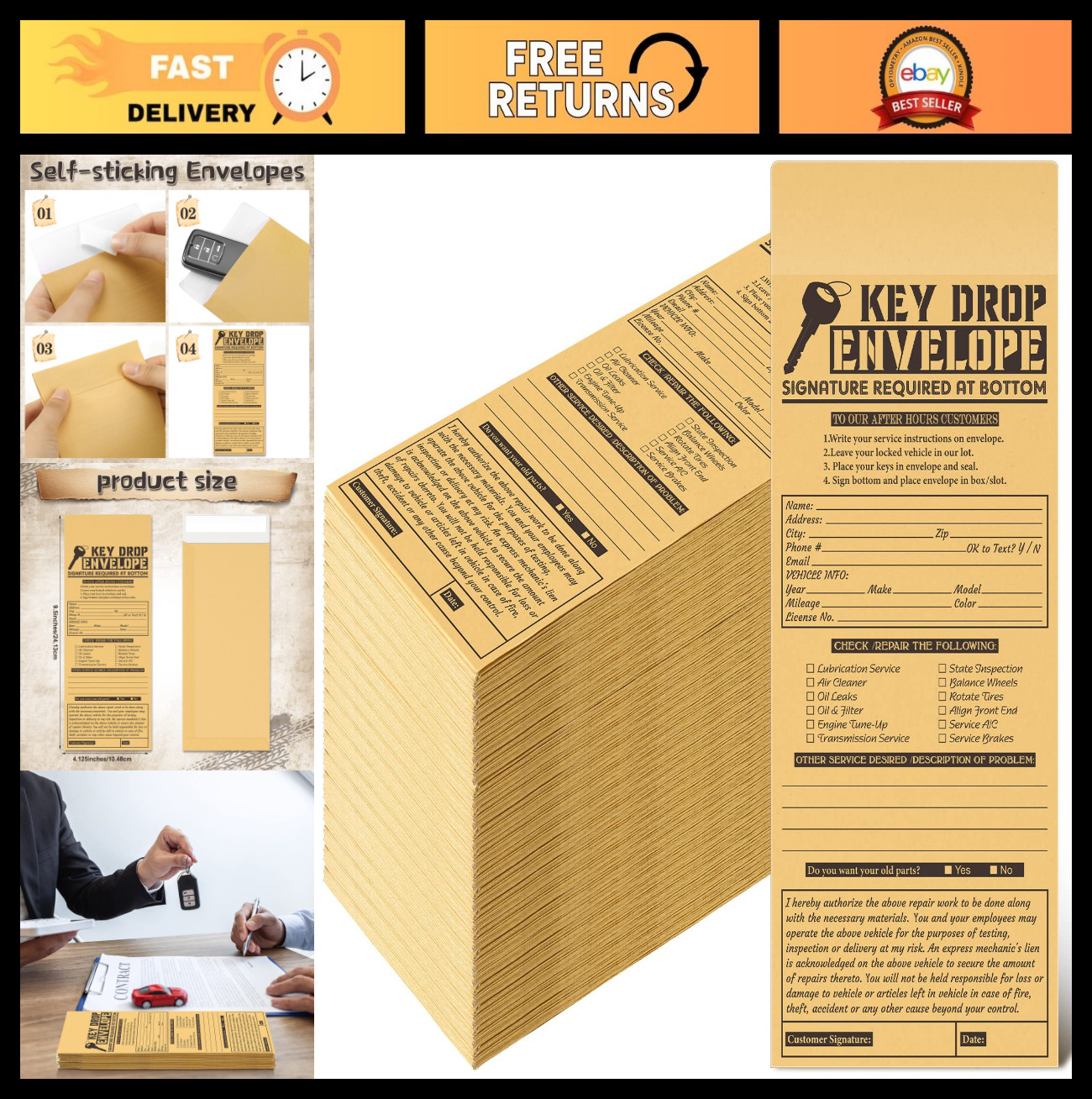 500 Pcs Self-Adhesive Drop Key Envelopes for Auto Repair Shops – 4.125 x 9.5 Inc