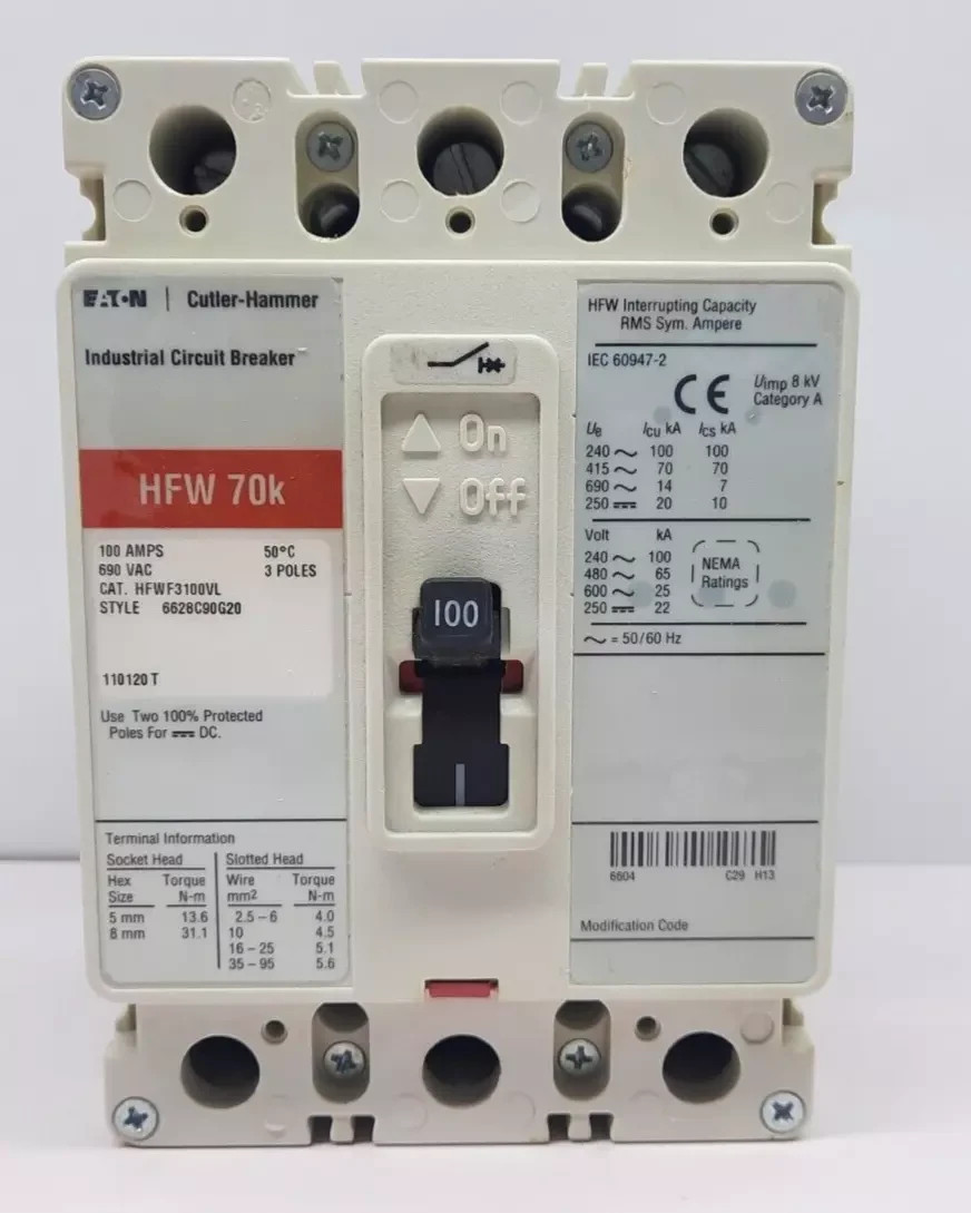 CUTLER HAMMER HFWF3100VL3 POLE 100 AMPS HFW 70K CIRCUIT BREAKER 690VAC
