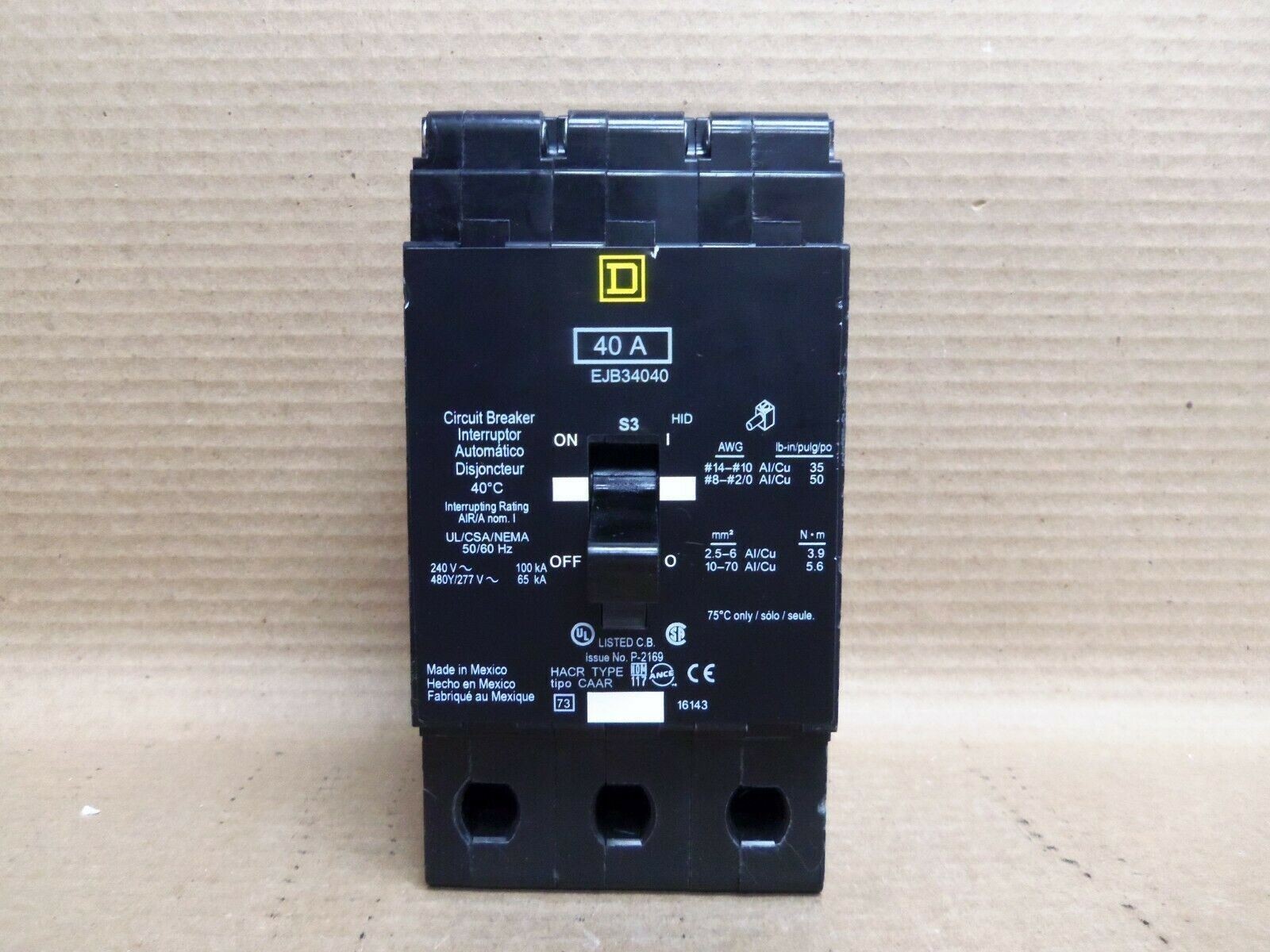 NEW Square D EJB EJB34040 3 Pole 40 Amp 480V Circuit Breaker Bolt-On NOB