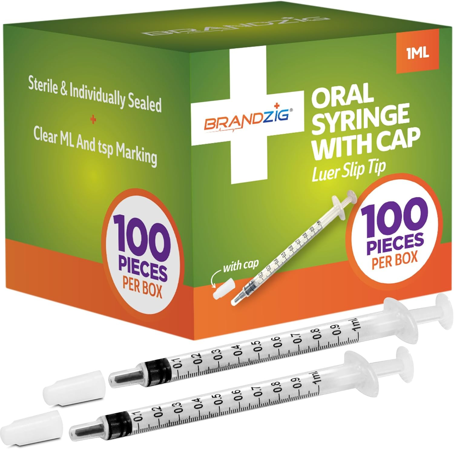 1Ml Syringe with Cap (100 Pack) | Oral Dispenser without Needle, Luer Slip Tip,