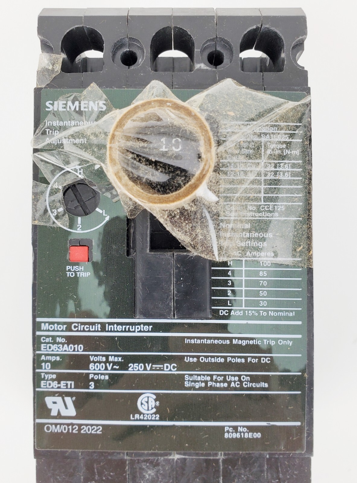 Siemens ED63A010 Circuit Breaker Sentron 10A 600VAC 3P, New!
