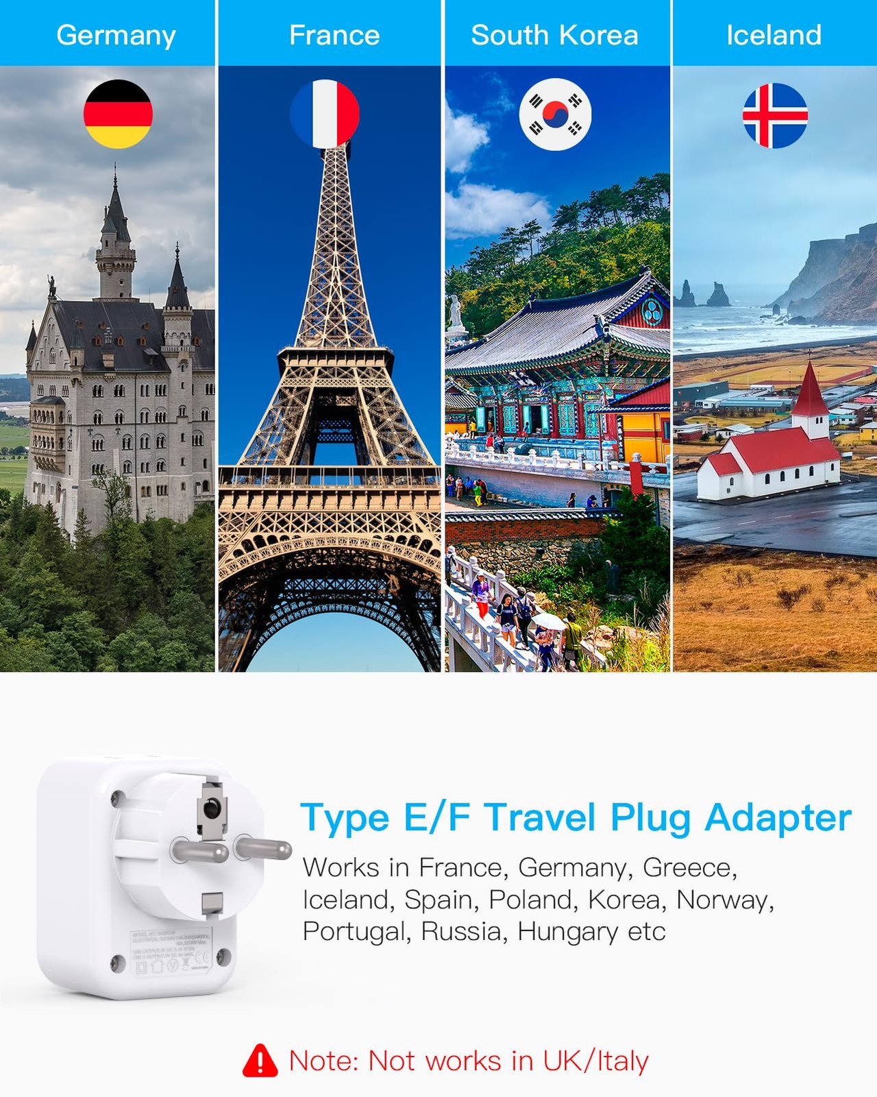 Type E F Plug Adapter, Germany France Travel Plug Adapter with 2 Outlets 3 US…
