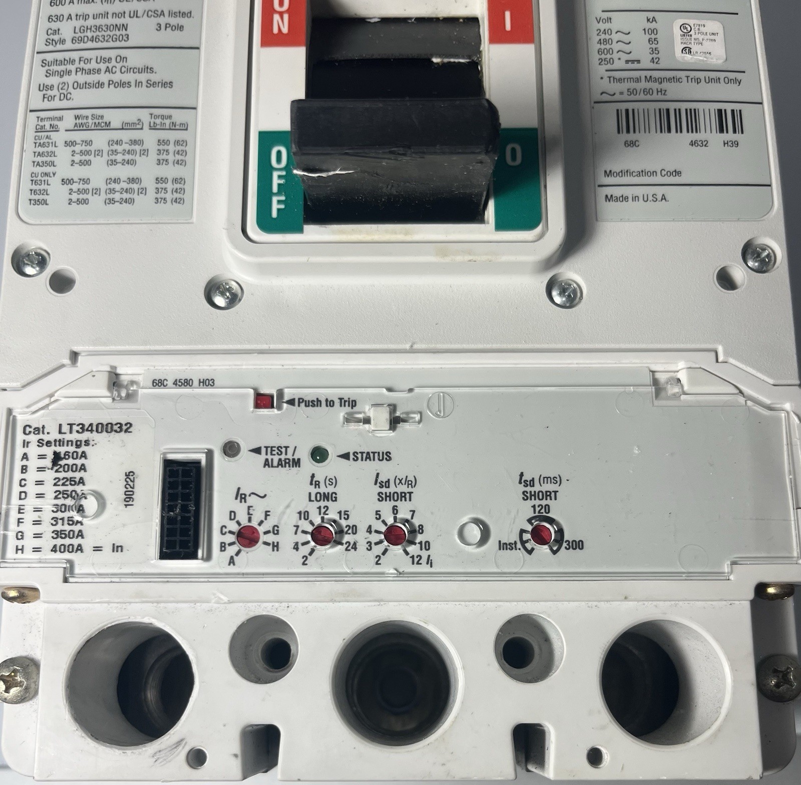 Eaton L630H LGH3630NN 3 Pole 600 Amp 600V Circuit Breaker