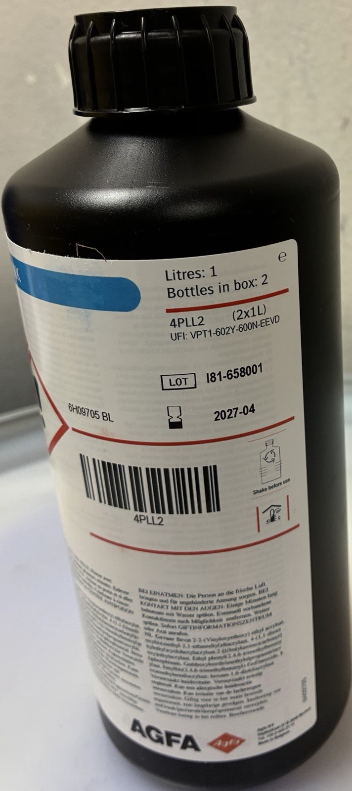 2 bottles – AGFA Anuvia 1250 Series Cyan Ink 1L Bottle, MPN 4PLL2, Exp 2027-04