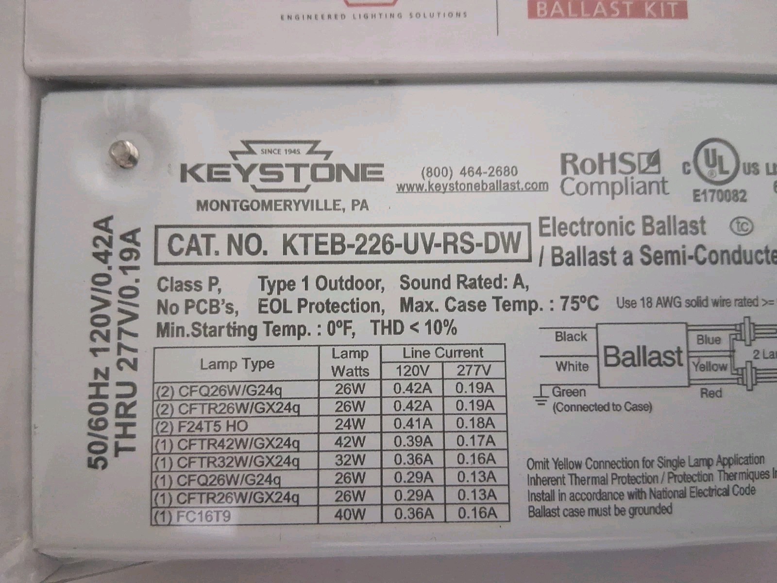 Keystone CFL KTEB-226-UV-RS-DW 50/60Hz 120V/0.42A Ballast Kit