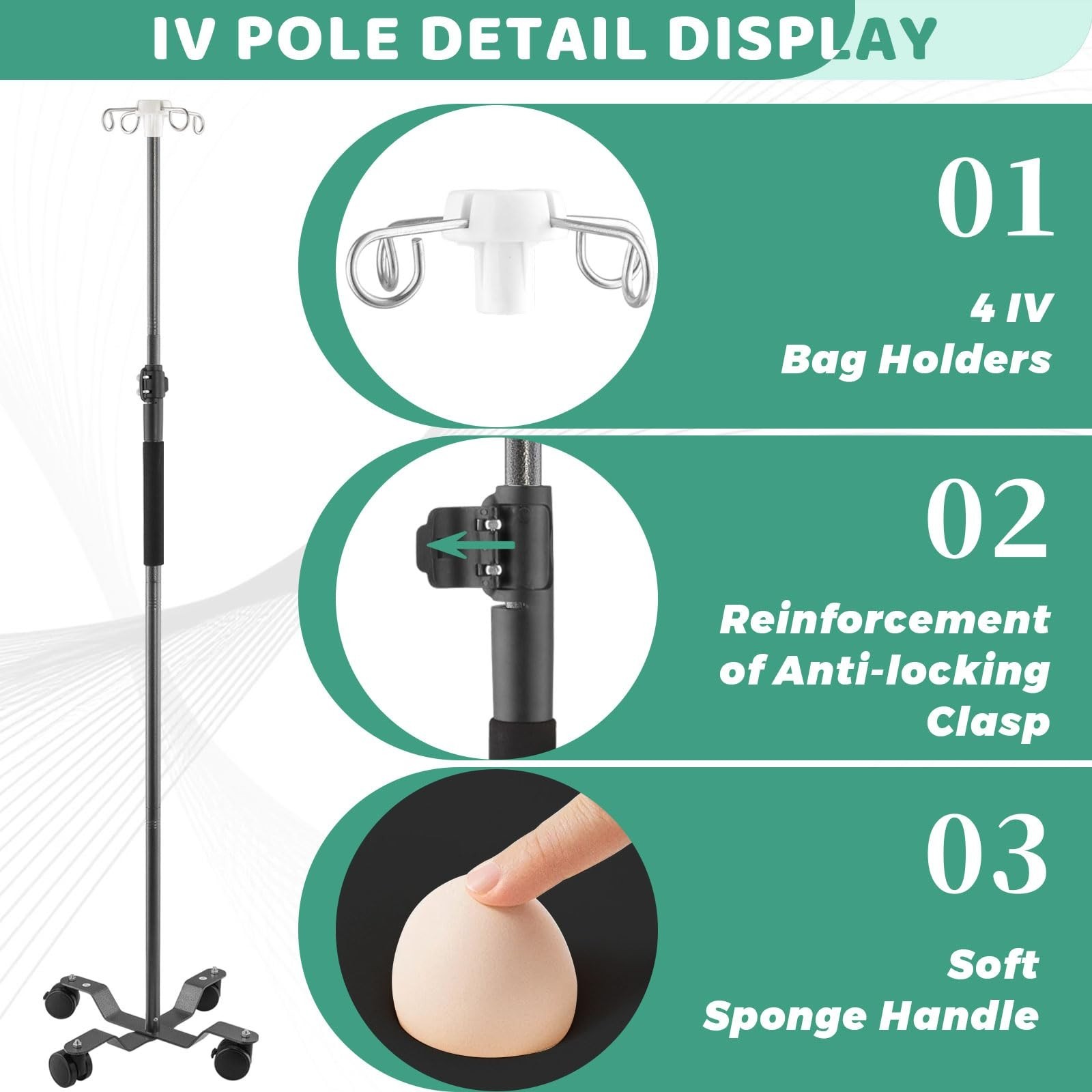 Portable IV Pole with Wheels, Adjustable 47-100″ Height, 4 Hooks, Stainless Stee