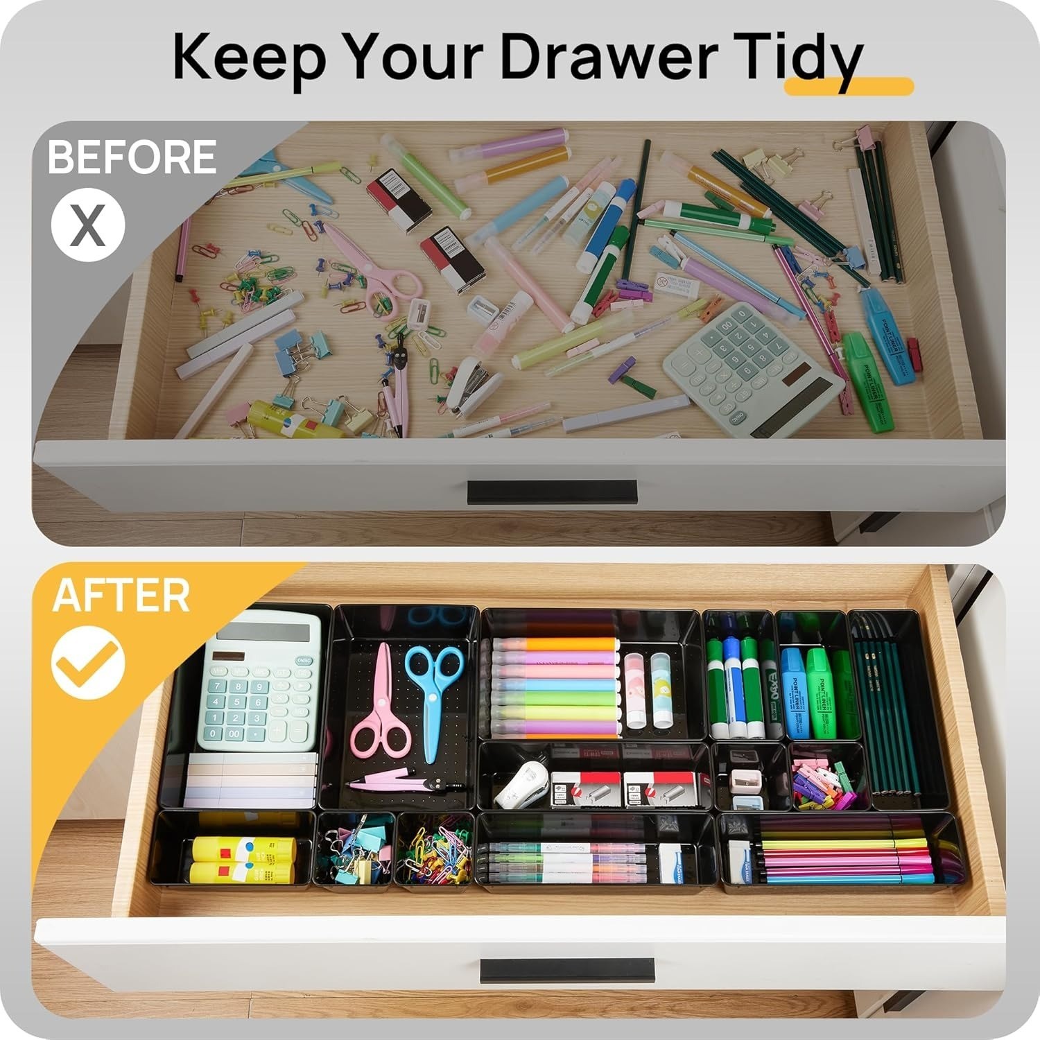 Vtopmart 25 PCS Office Desk Drawer Organizers Set, 4-Sizes Black