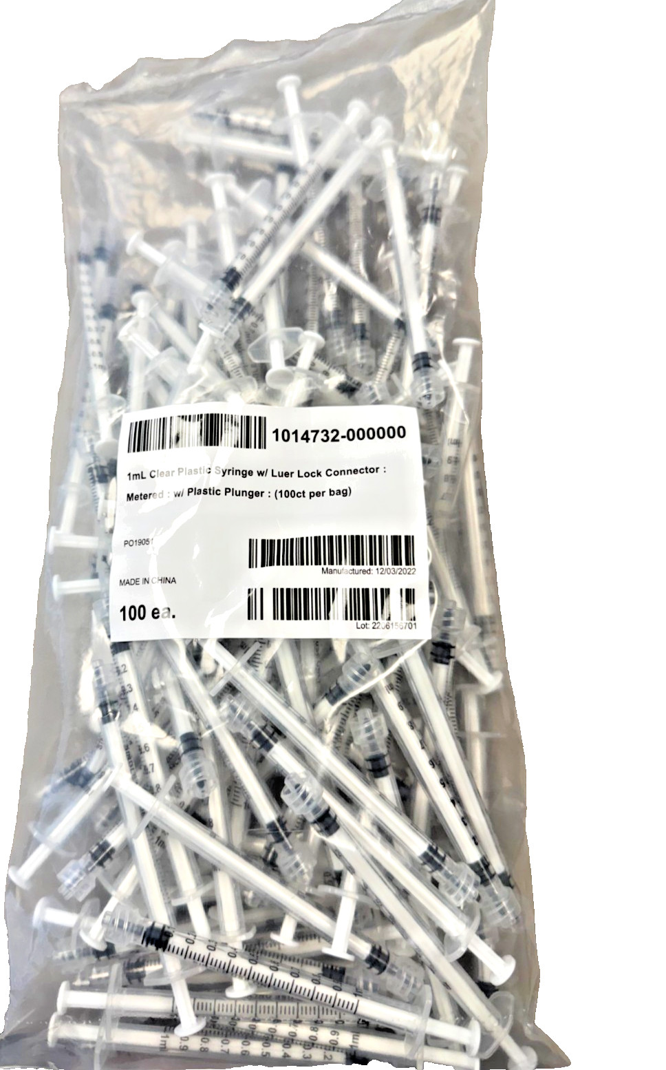 100 Pack Bag 1ml/cc Luer Lock Syringe with Caps, Plastic 1 mL, clear