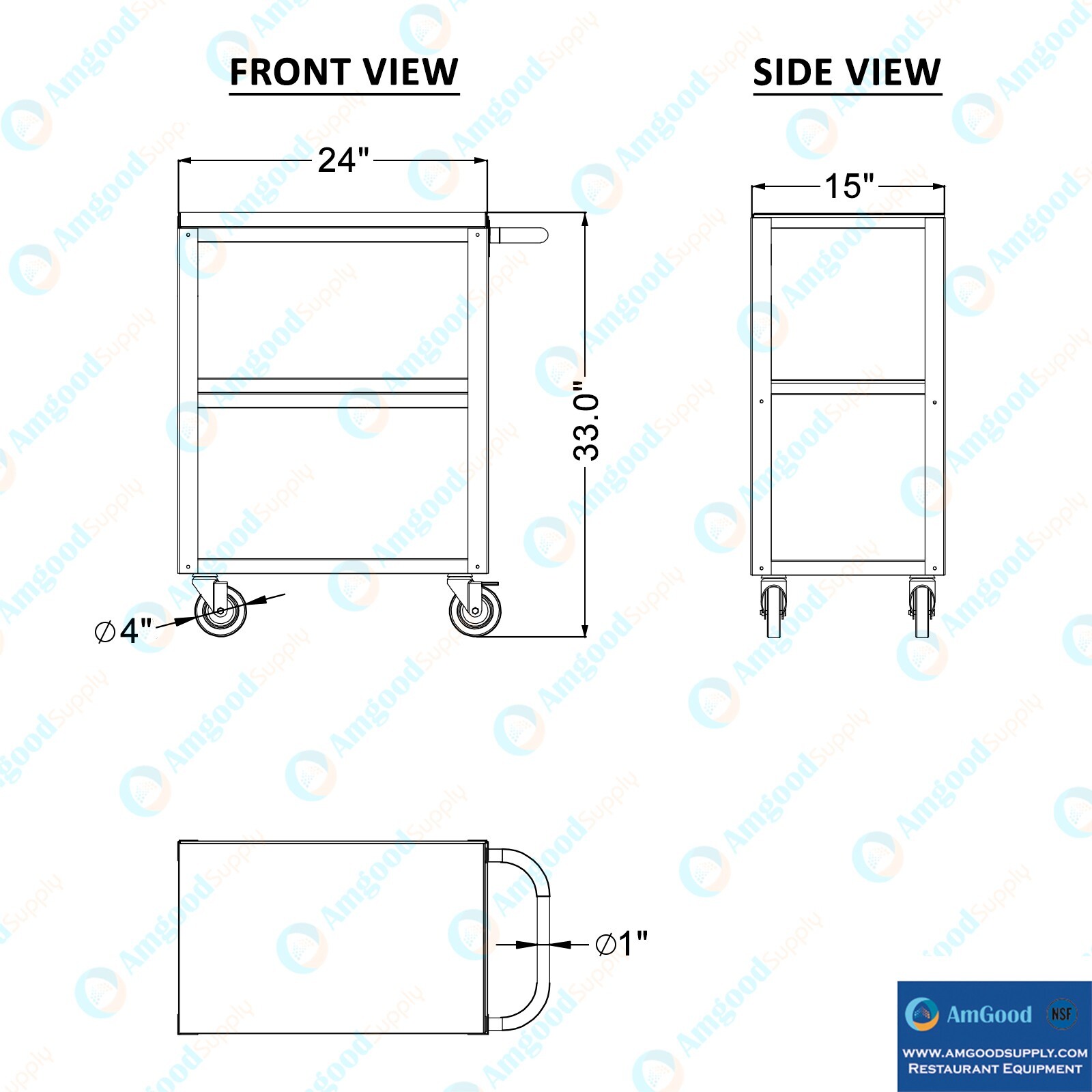 15 in. x 24 in. x 33 in. Stainless Steel 3-Shelf Utility Cart