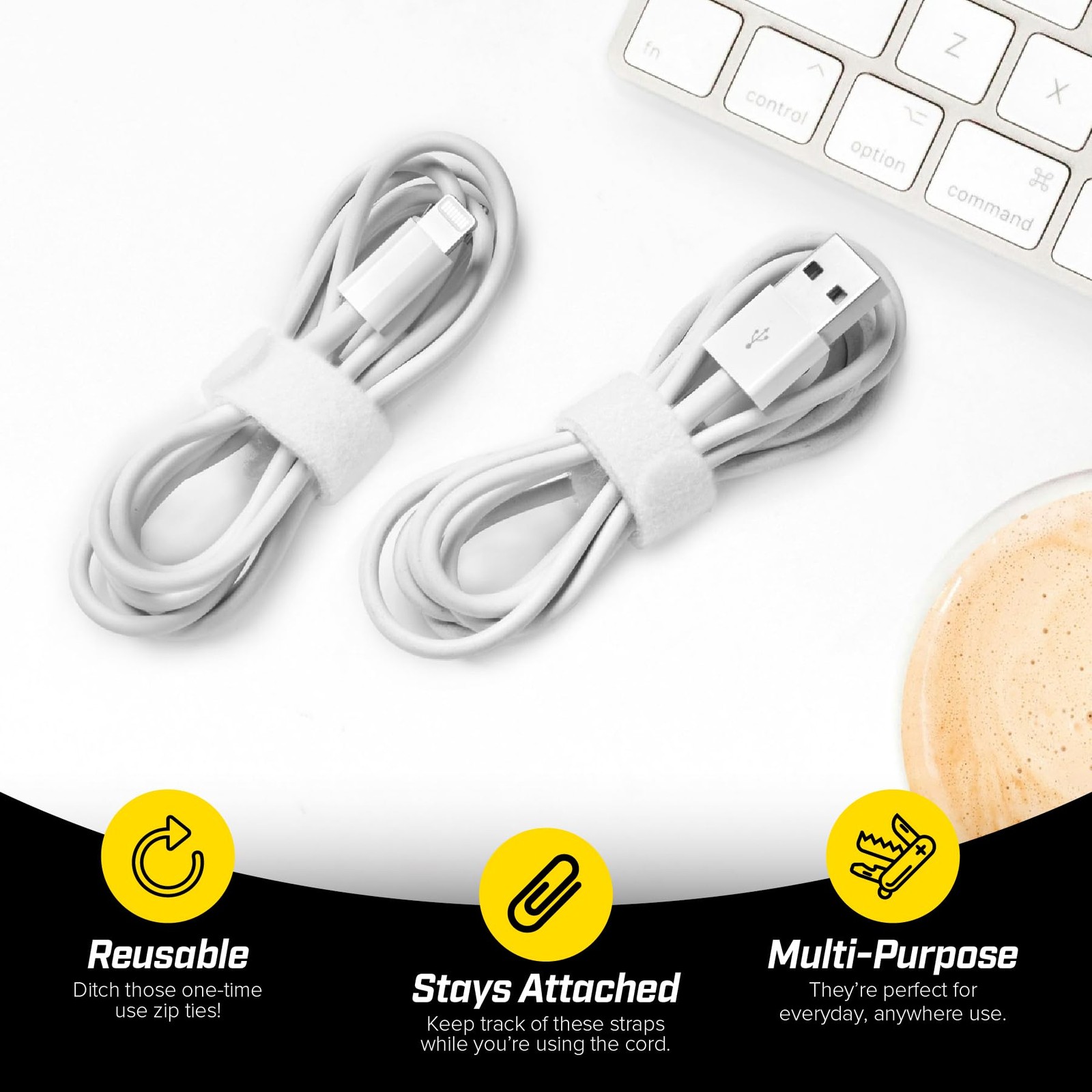 Self-Gripping Cable Ties by , White, 40 Pack (5 Inch and 8 Inch Straps) â€“ Reu