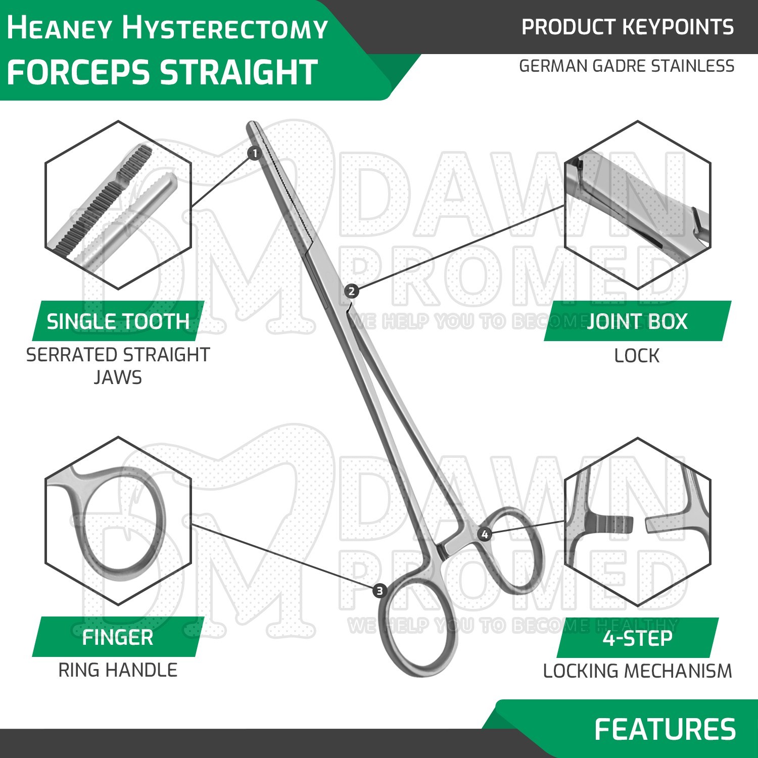 Heaney Hysterectomy Forceps Straight 8.5″ Single Tooth OB/GYN Inst German Grade