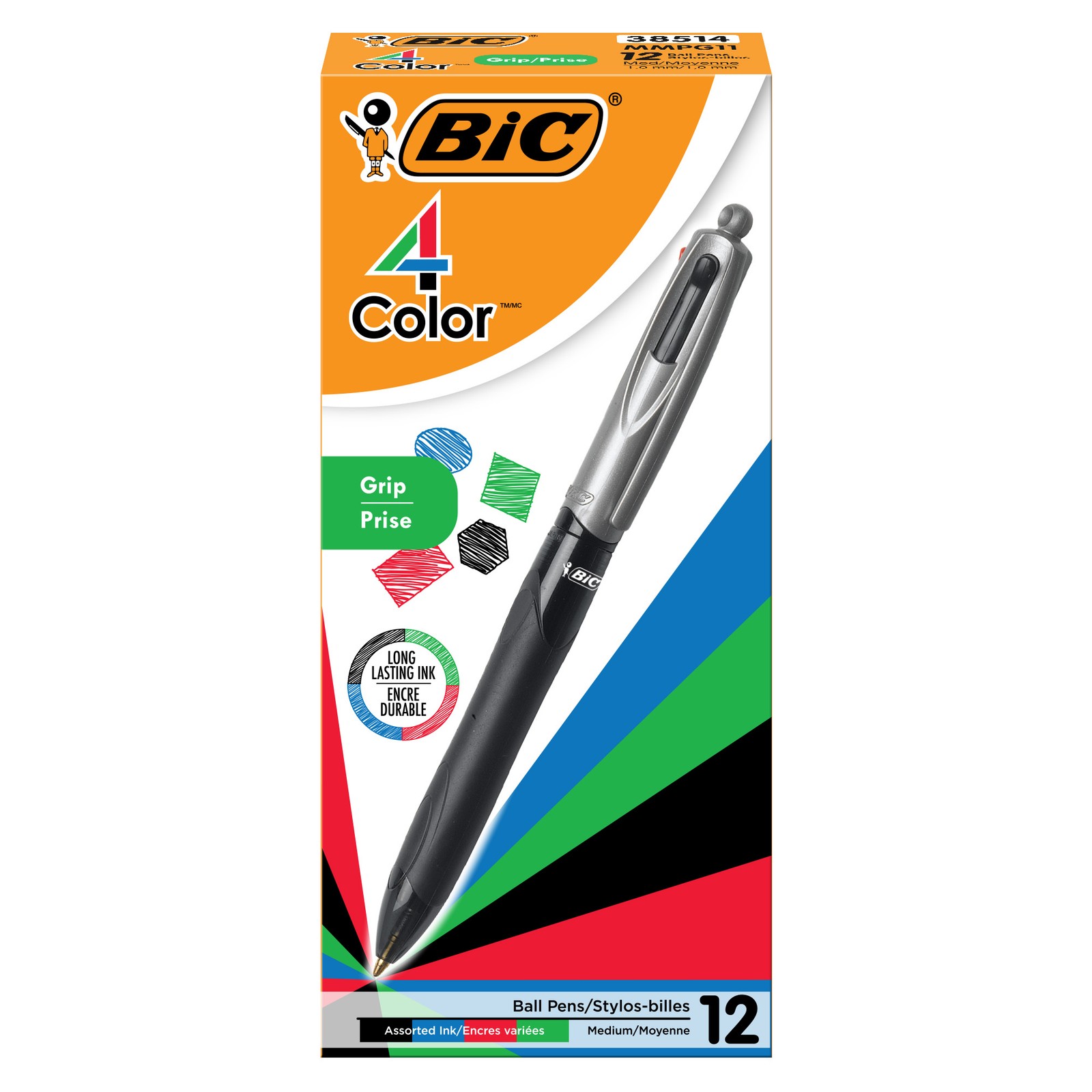 BIC 4-Color Grip Retractable Ball Pens, Medium Point, 12-Count Pack