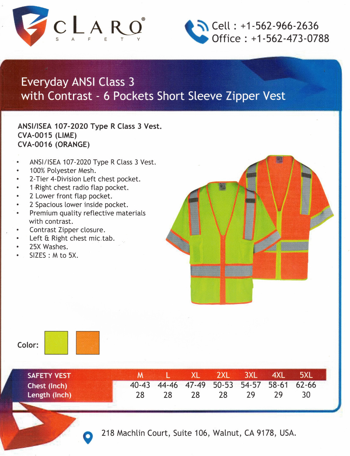 Everyday ANSI Class 3 with Contrast – 6 Pockets Short Sleeve Zipper Vest