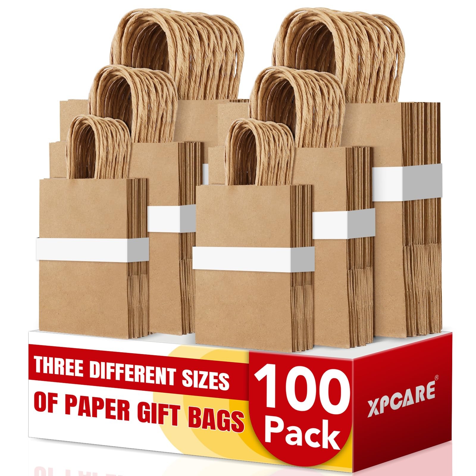 XPCARE 100PCS Brown Paper Bags with Handles, 1 Count (Pack of 100), brown