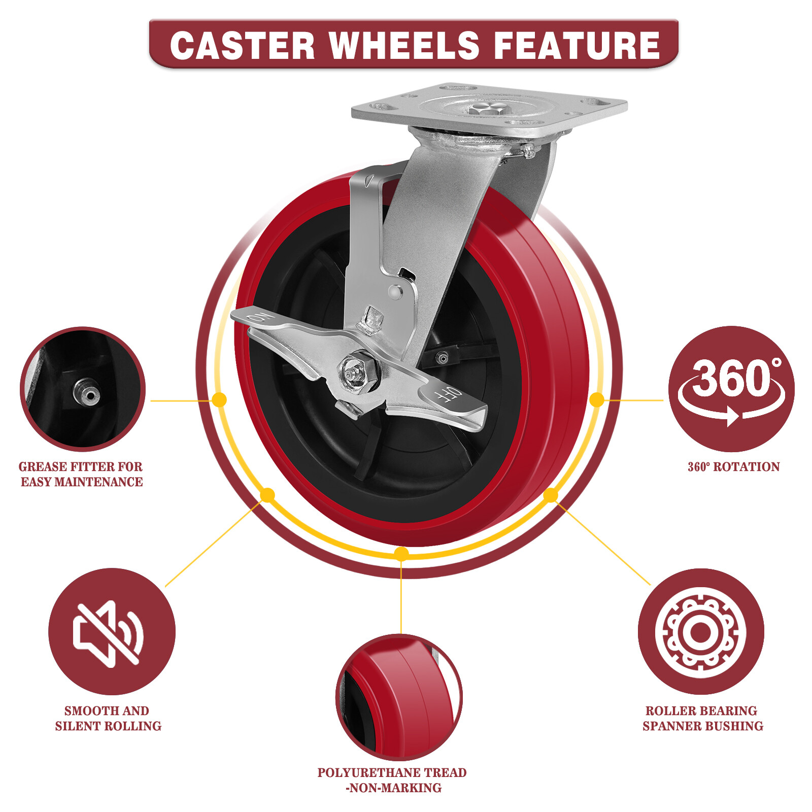 8 Inch Polyurethane Tread Caster Wheels Heavy Duty,Capacity 1200-4800LB