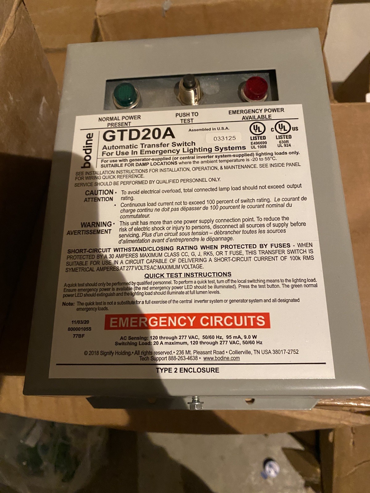 BODINE GTD20A 120/277V 50/60HZ 9W 20A TYPE 2 EMERGENCY LIGHTING TRANSFER SWITCH