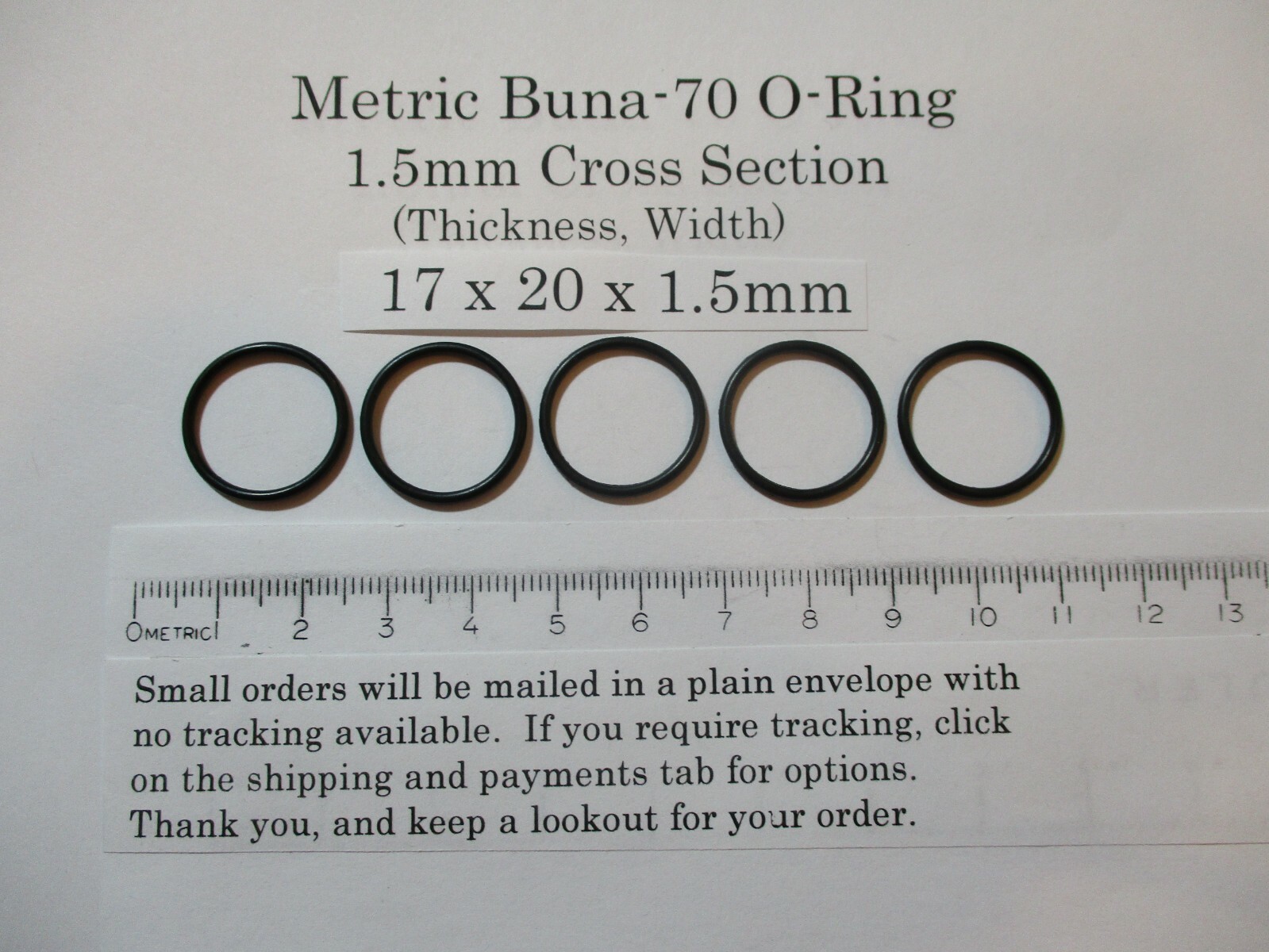 17mm ID x 20mm OD x 1.5mm thick O-ring. Buna-70. Quan 5.