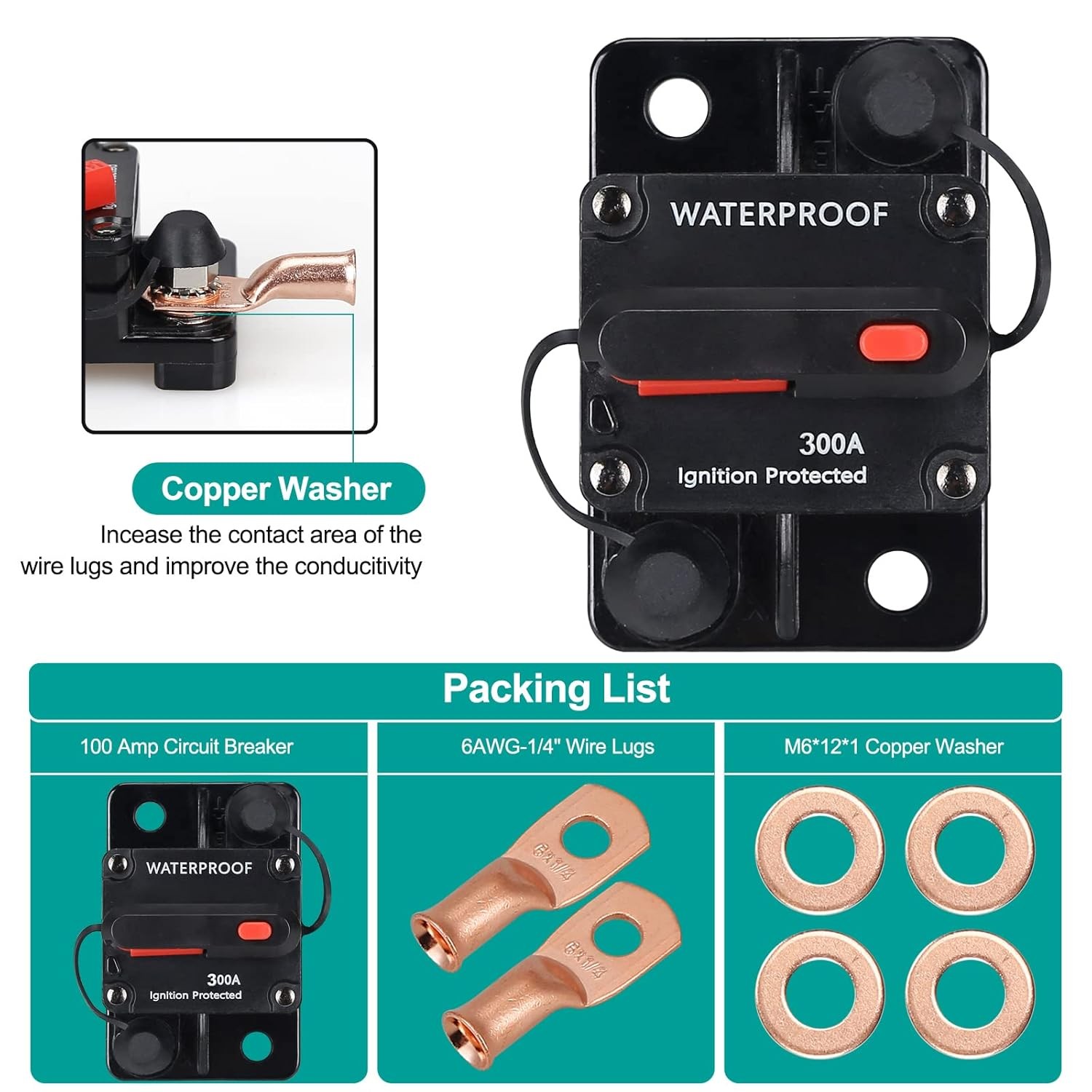 Waterproof Car Circuit Breaker Fuse Reset 30-300 Amp 12V-48V DC Car Boat Auto