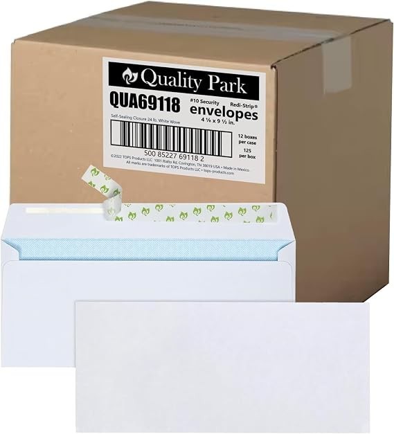 #10 Security Envelopes 4.125×9.5 Inch Self Seal 24lb White Wove 1500 Pack for