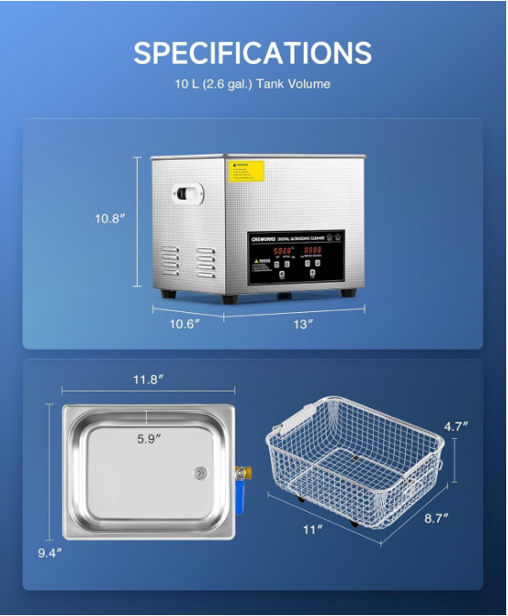 Limpiador Ultrasónico Digital 10L con Calentador y Temporizador de Acero Inoxida