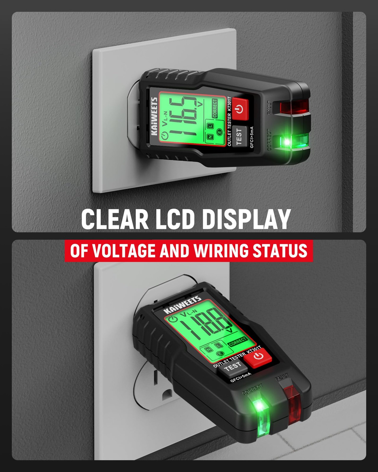 KAIWEETS GFCI Outlet Tester with LCD Display, 3-Prong Receptacle Wiring Detec…