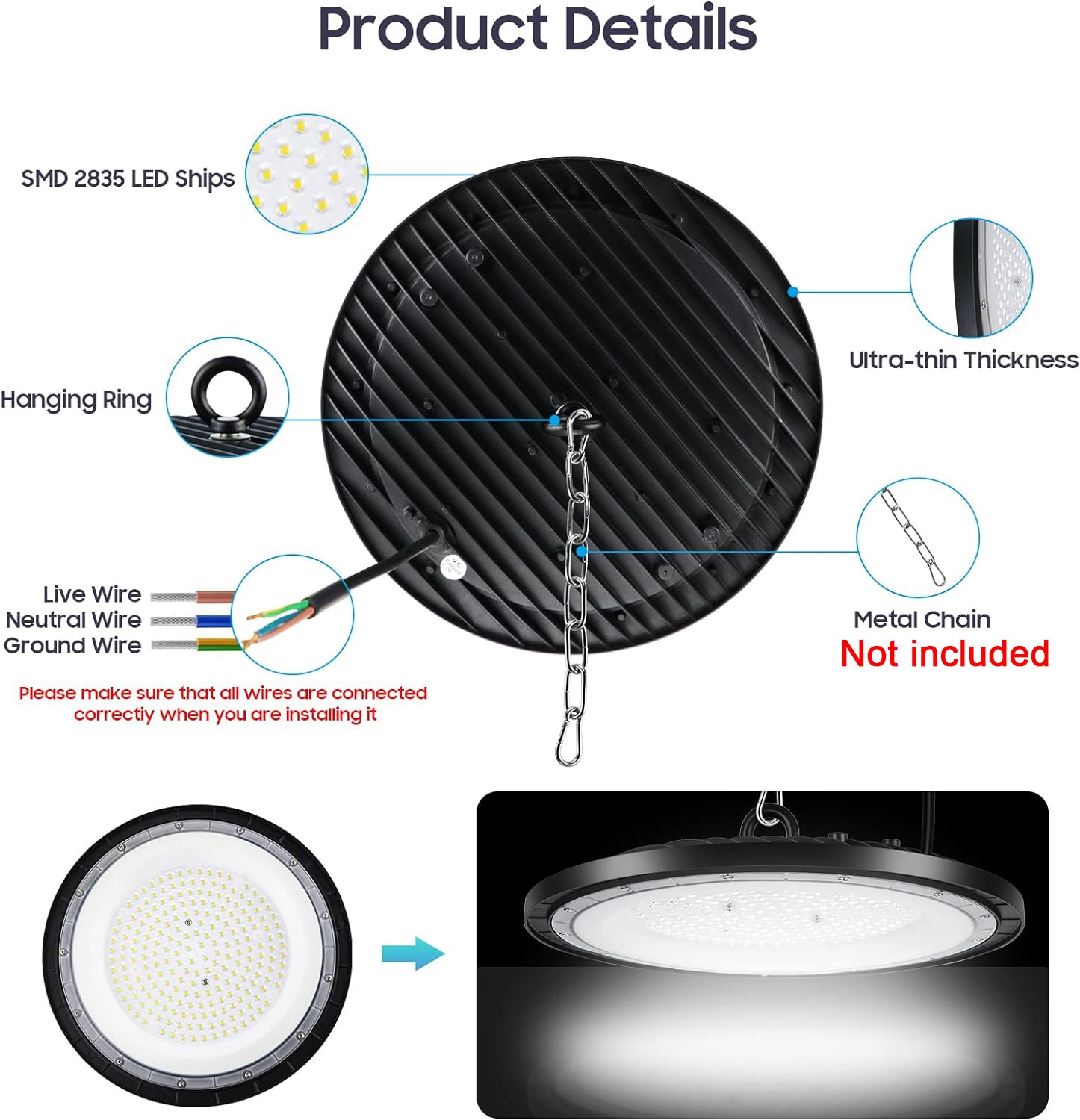 5Pcs 200W 20000lm LED High Bay Lights 600W MH/HPS 7000K Warehouse Light Fixtures