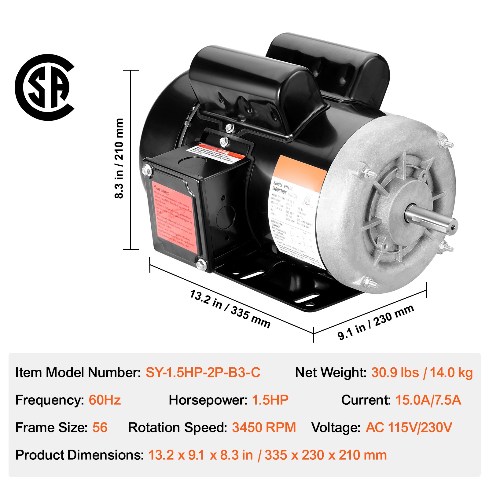 Uimoso 1.5HP Electric Motor 3450RPM AC115V/230V 56 Frame Single Phase