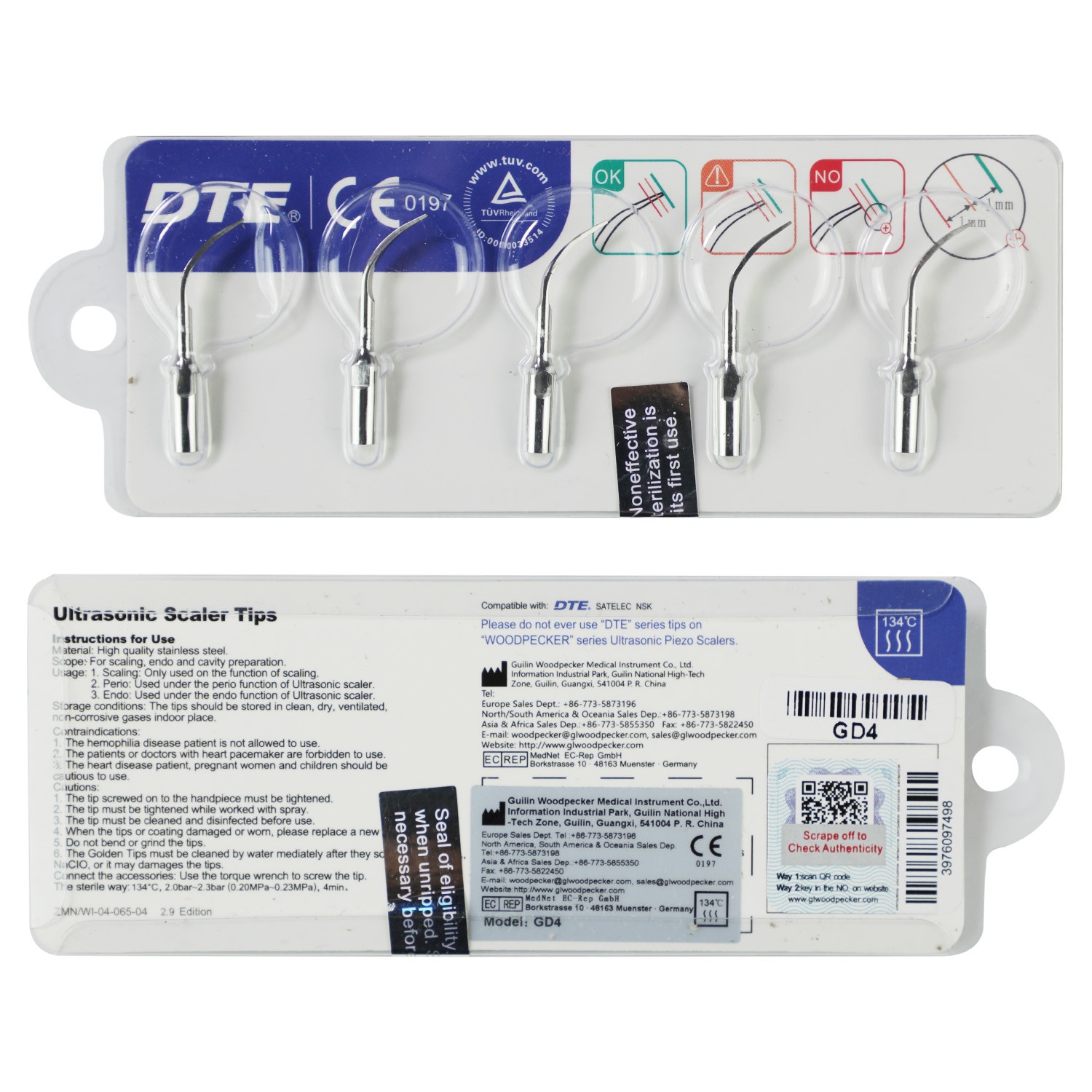 DTE Dental Ultrasonic Scaler Scaling Tips GD4 5pc/pk Fit NSK & Satelec Scaler