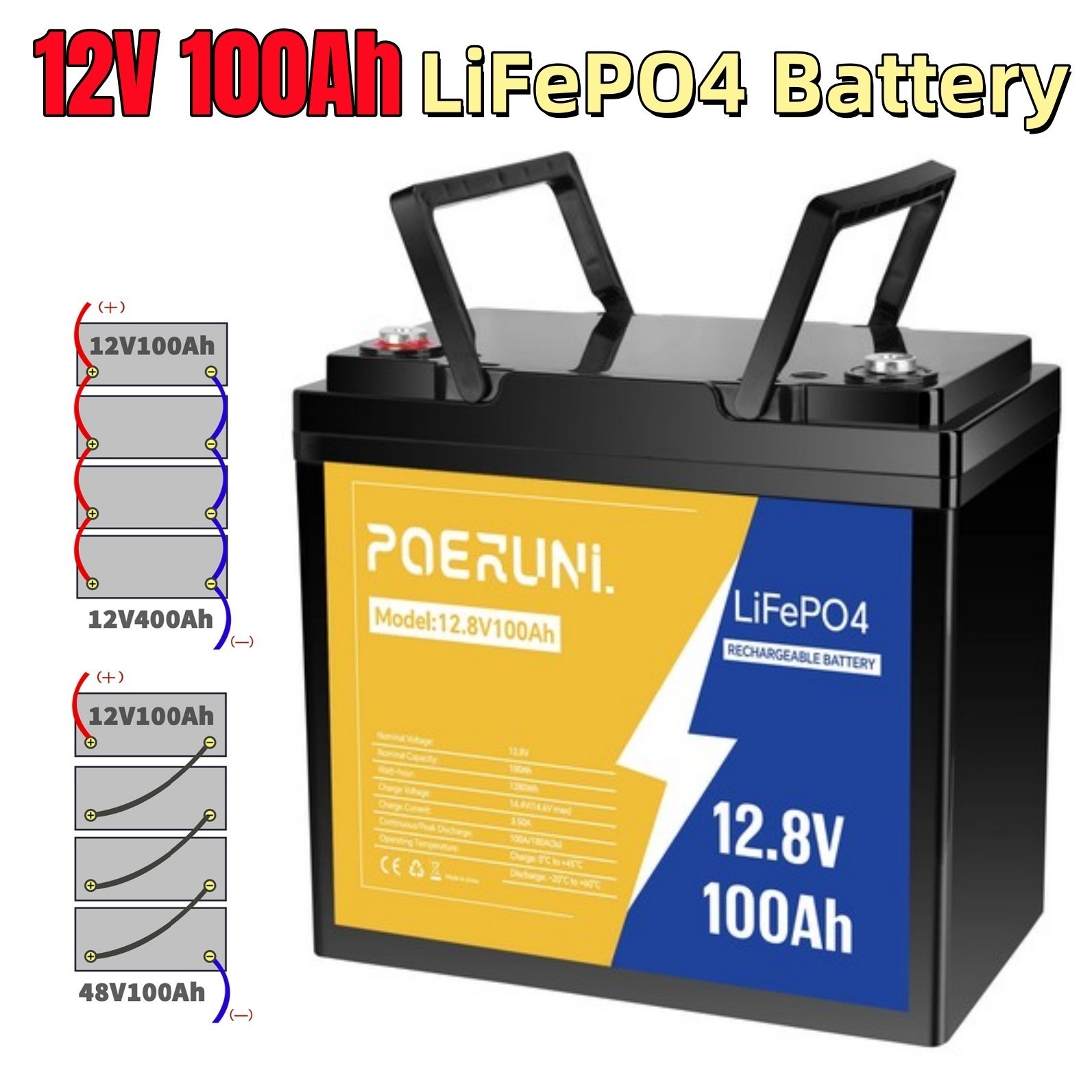 POERUNI 100Ah 12.8V LiFePO4 Lithium Battery with BMS 100Ah + 14.6V 20A Charger