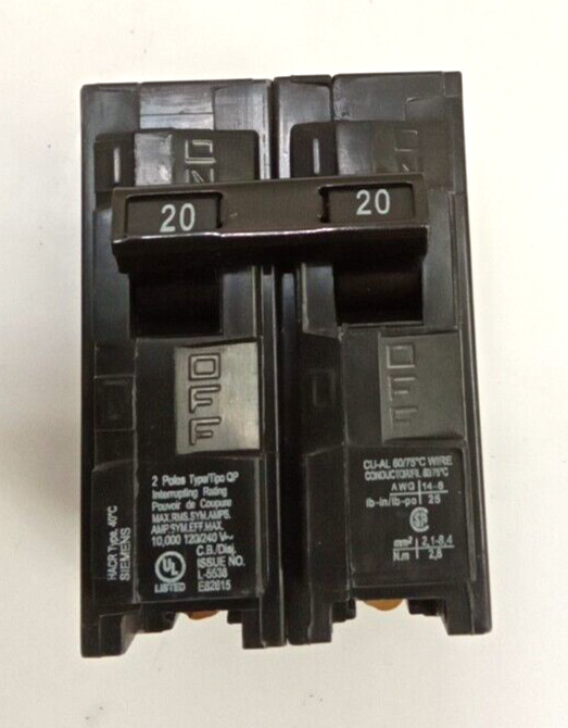 Siemens Q220 Circuit Breaker 20A 2-Pole 120/240VAc 60Hz Type QP Common Trip 6pk