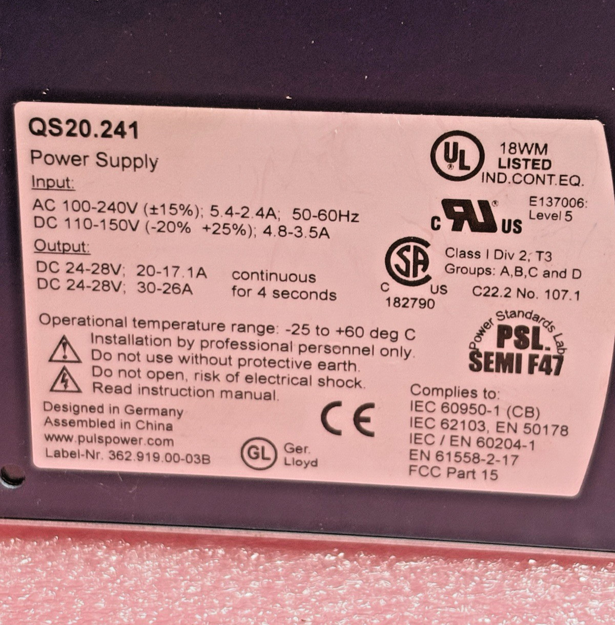 PULS QS20.241 DIN Rail Mounted DC Power Supply Din Rail Mt. From Inventory