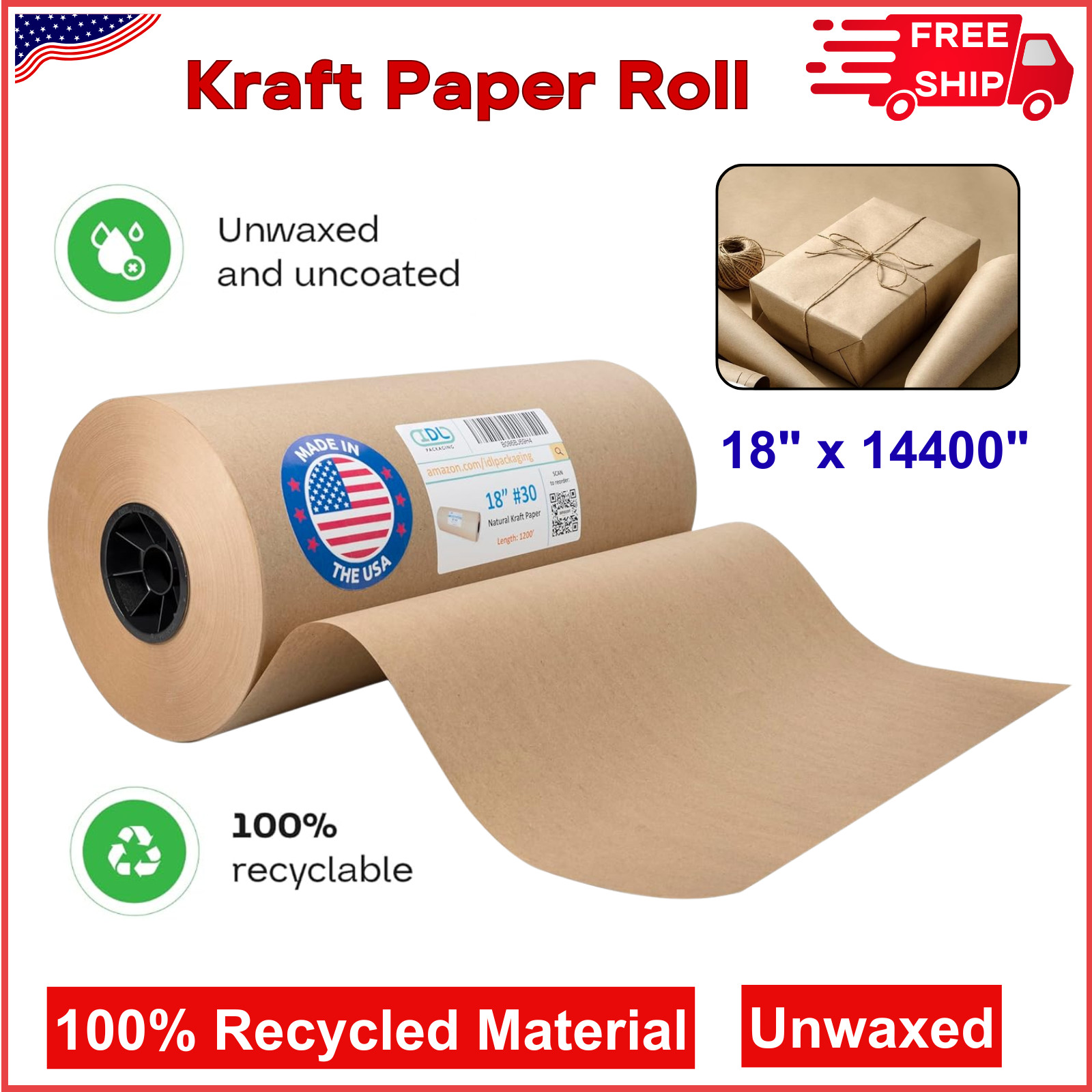18″ 30# 1200′ Brown Kraft Paper Roll Shipping Wrapping Cushioning Void Fill