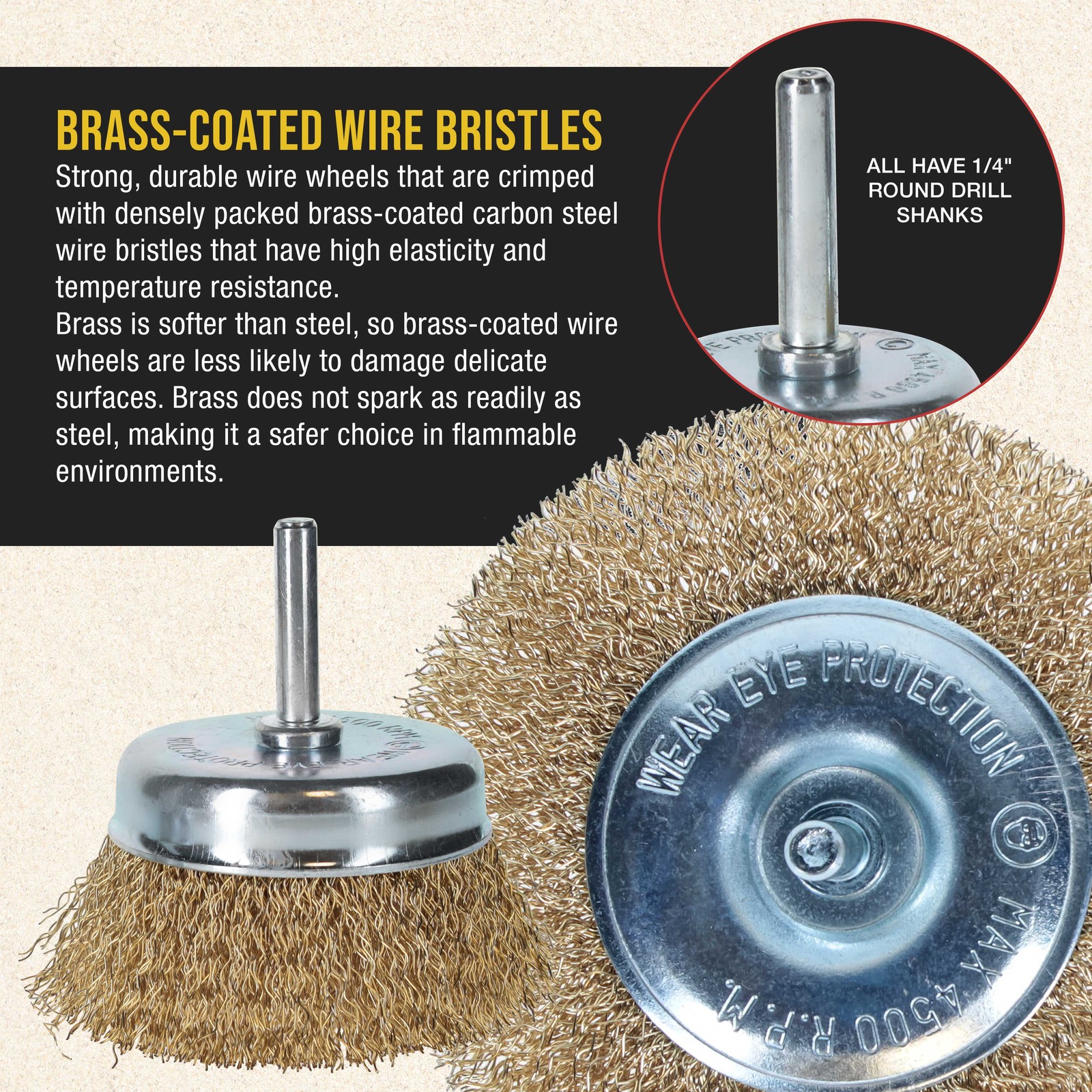 12-Piece Abrasive Brass-Coated Wire Wheel, Cup & End Brush Set, 1/4″ Drill Shank
