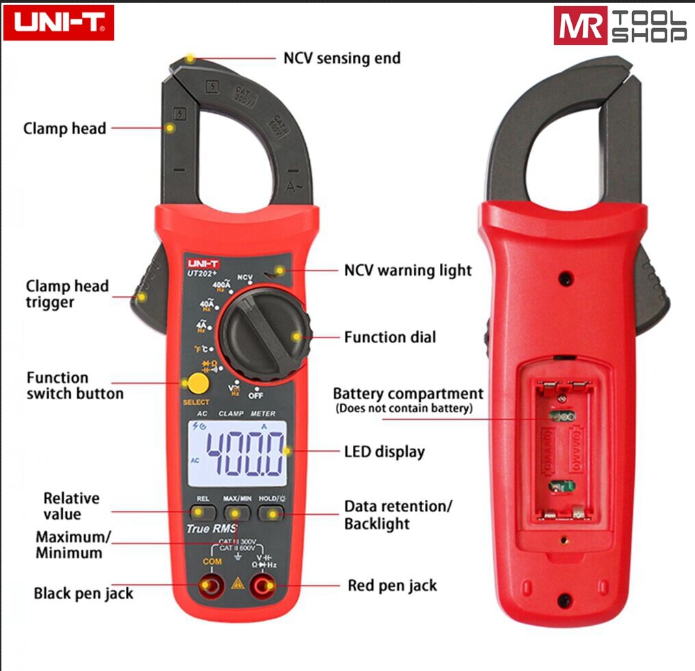 UNI-T UT202+ T-RMS Digital Clamp Meter AC DC NCV Multimeter OHM Cap Temp Tester