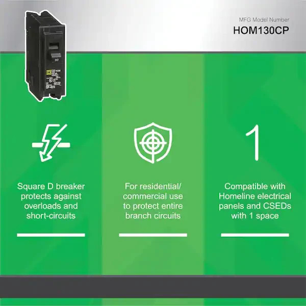 Homeline 30 Amp One-Pole Circuit Breaker HOM130CP, Square D Breakers 120/240 VAC