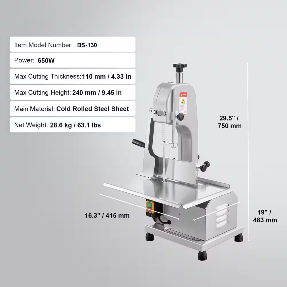650 W Electric Meat Bandsaw, 12.4 In. X 18.1 In. Stainless Steel Bone Saw for Fr