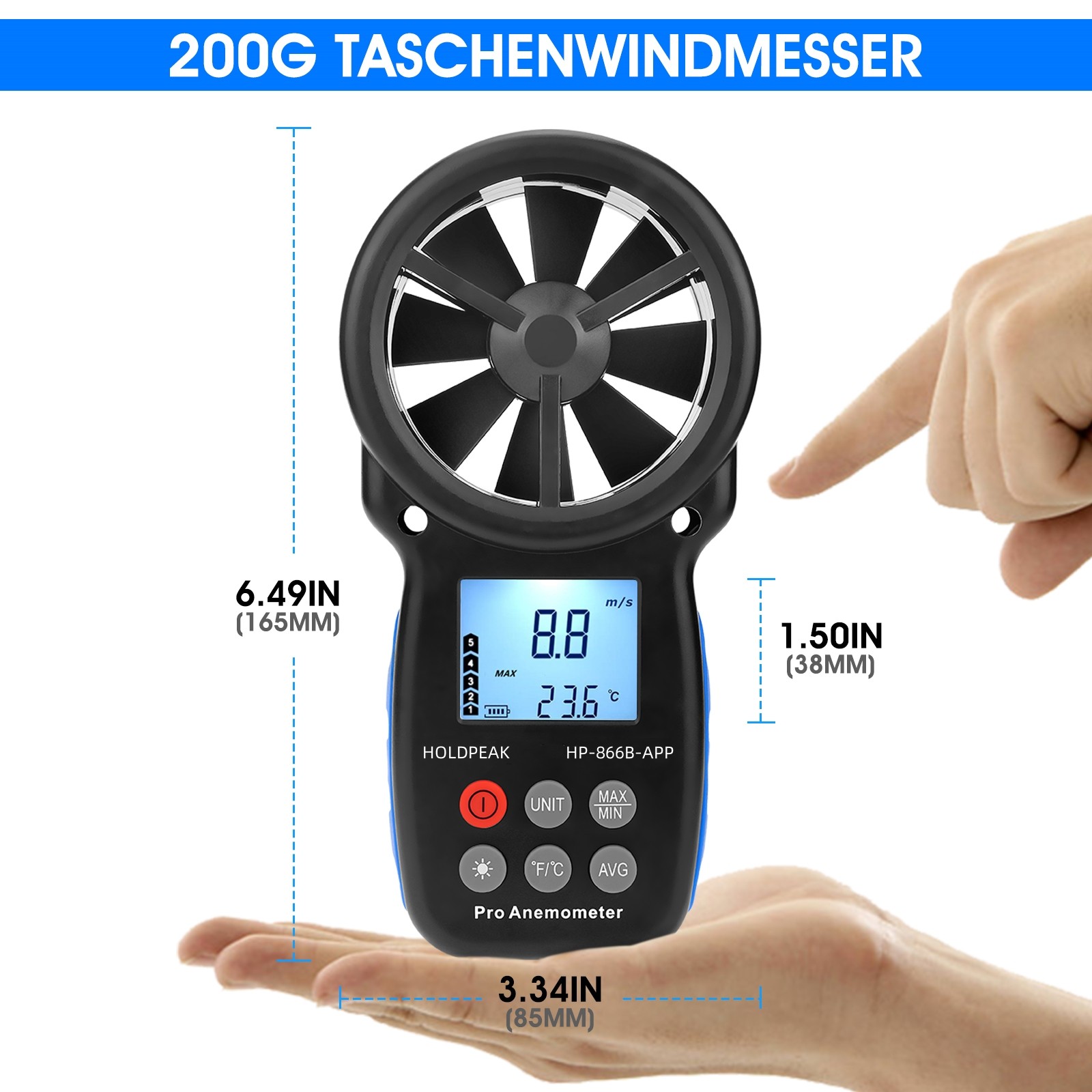 Digital Anemometer 89MPH 113°F 5-Unit Backlit LCD WiFi Bluetooth APP Max/Min/Avg