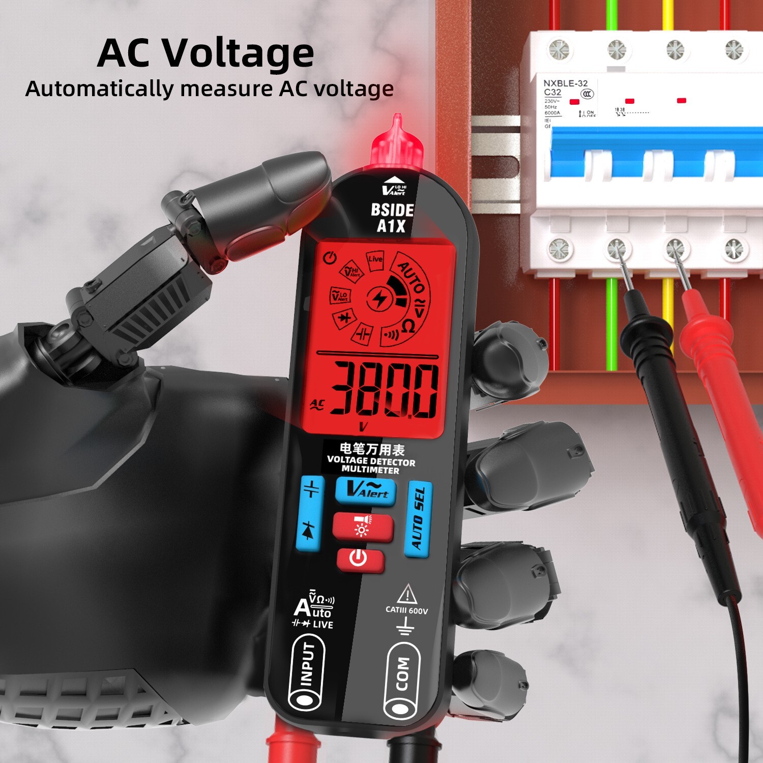 Multimeter AC/DC V Ω F Diode NCV Live Neutral Wire Check Flashlight Li-Battery