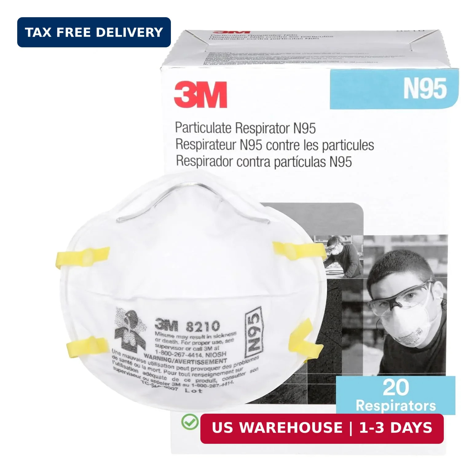 3M 8210 Particulate Respirator, N95, Pack of 20 Disposable Respirators, NIOSH AP