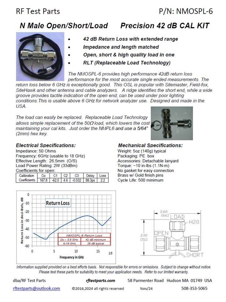 N Male Open Short Load OSL 42dB 6GHz Cal Kit