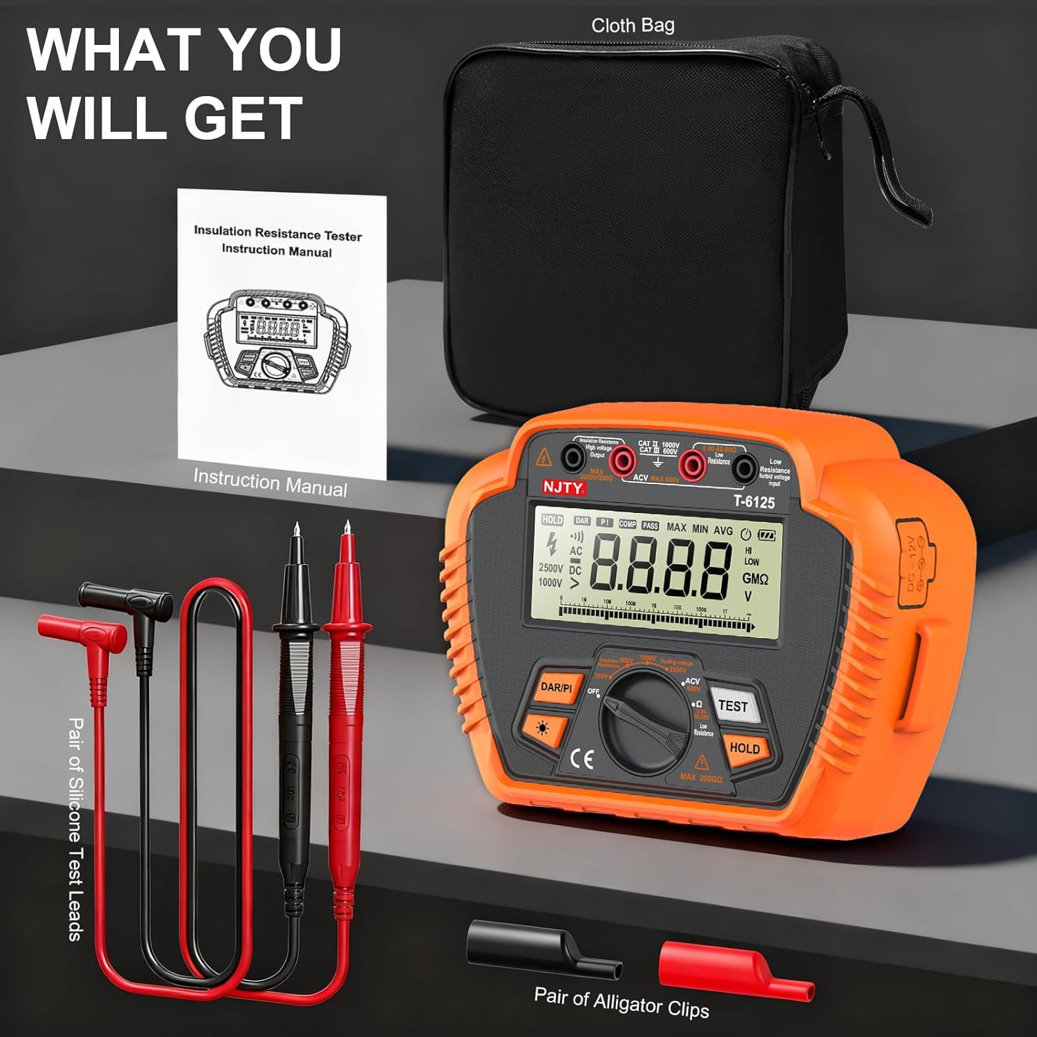 T6125 Digital 2500V Insulation Tester with Backlit LCD & Data Hold