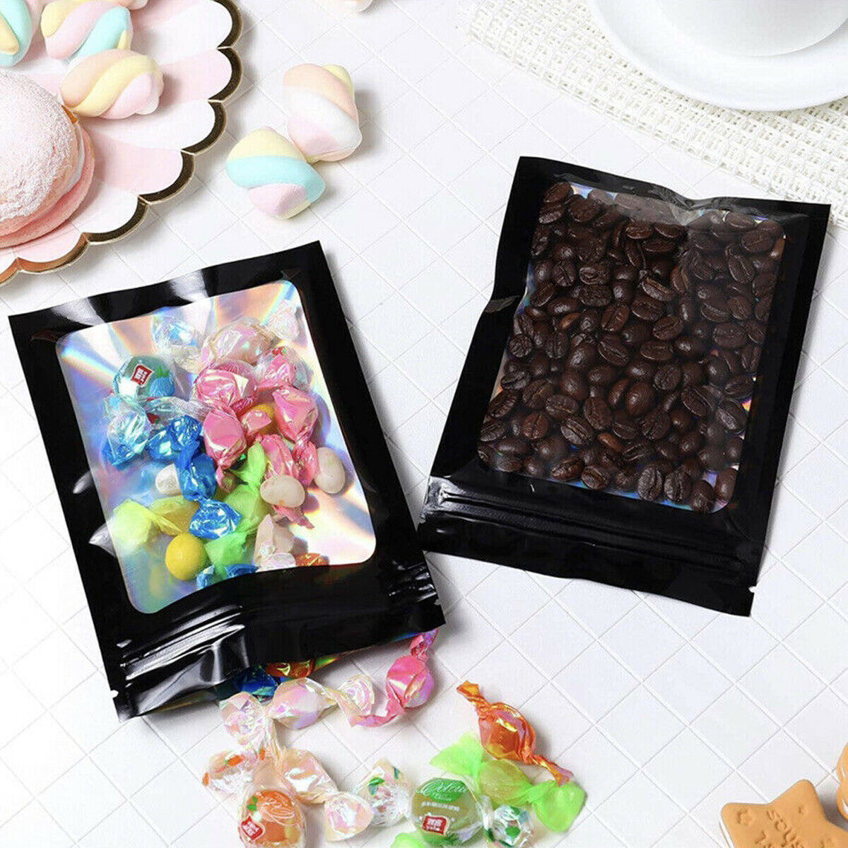 100x Holographic Mylar Foil Bag Resealable Ziplock Pouch Packaging Clear Front