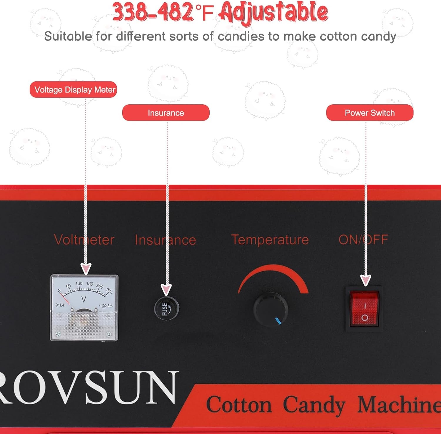 980W Cotton Candy Machine Red Candy Floss Maker with 21 inch Stainless Steel