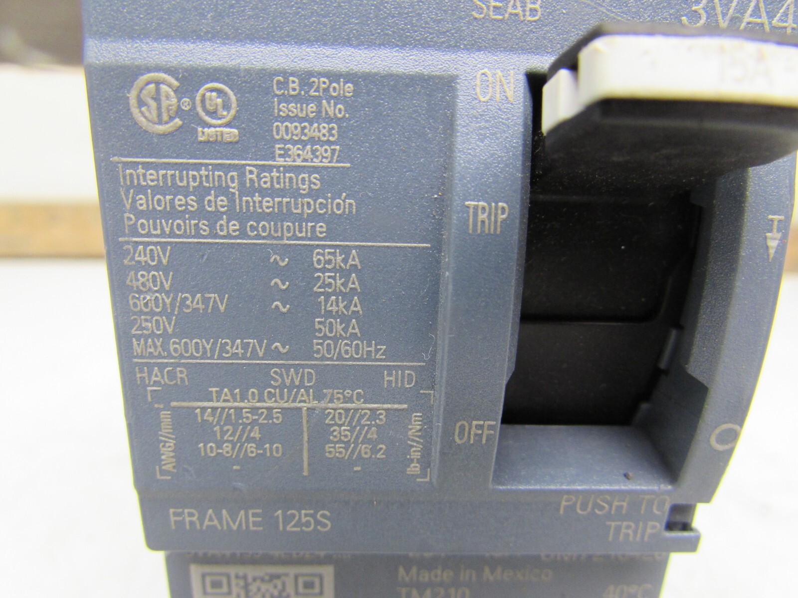 SIEMENS 3VA4195-4ED24-0AA0 ,CIRCUIT BREAKER, 2P/15A /480V /25kA MAKE OFFER!
