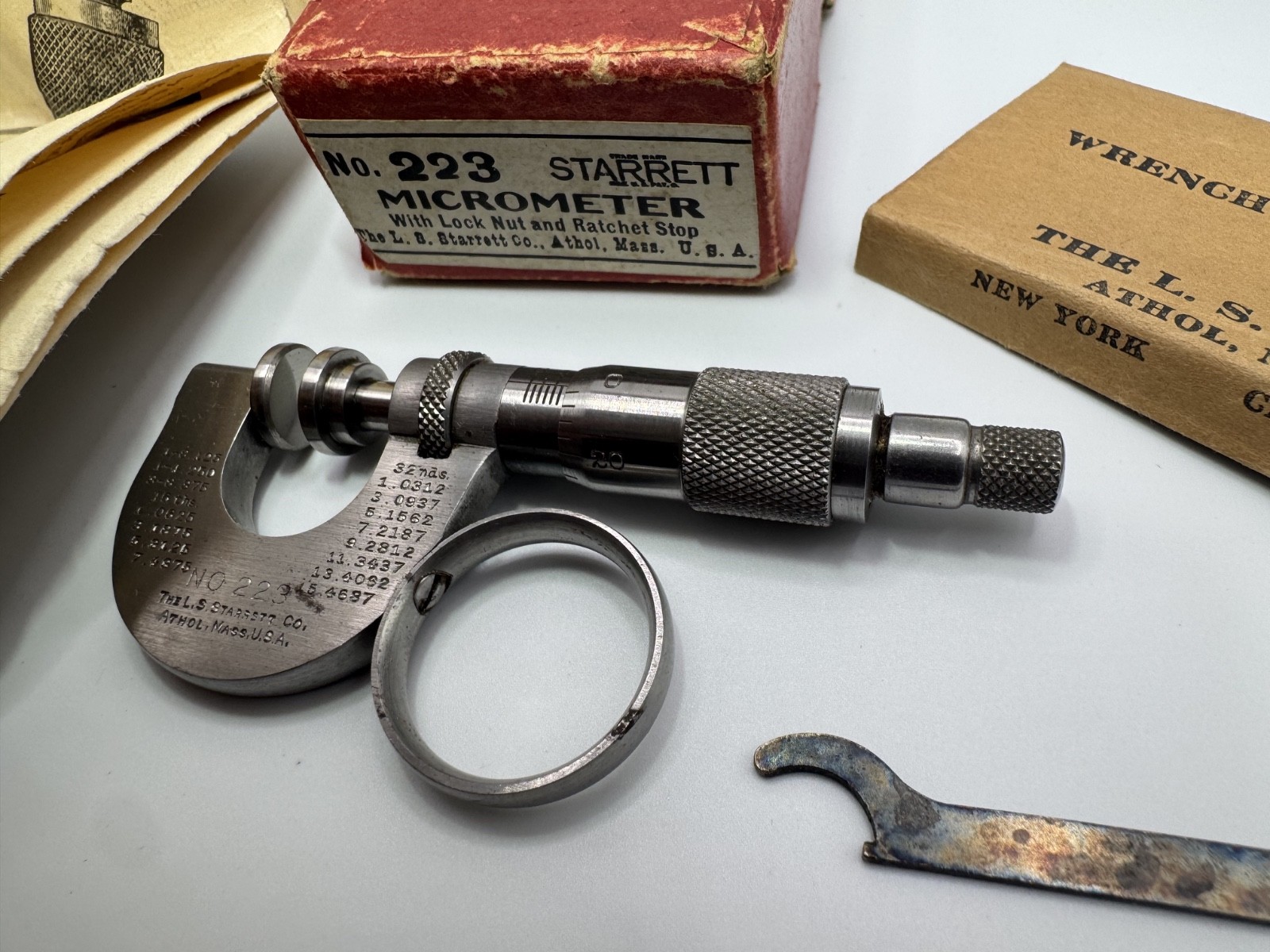 Starrett No. 223RL Paper Micrometer Complete w/ Case Manual Wrench Excellent USA