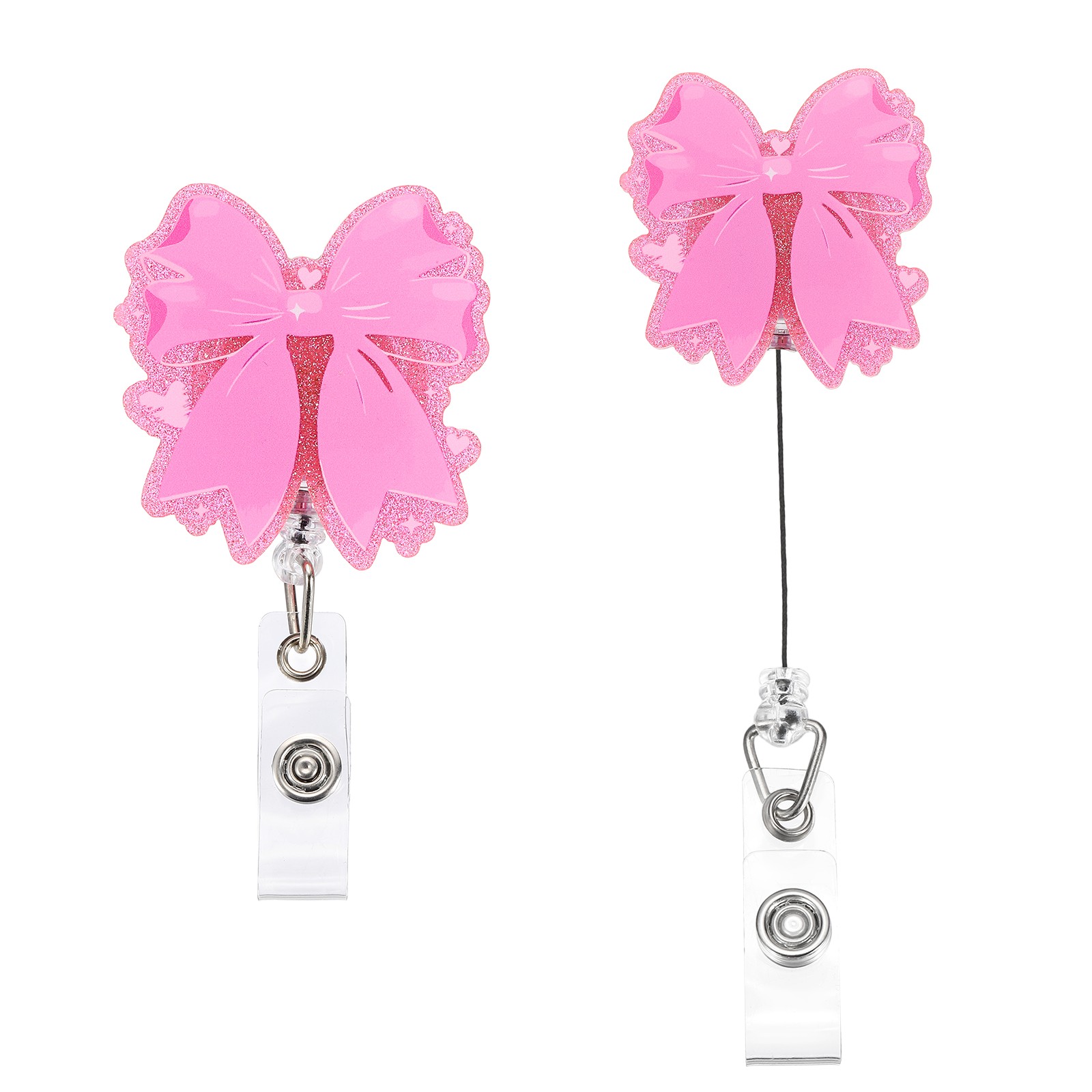 2pcs Acrylic Bow Badge Holder 2.05″x1.97″ with Retractable Cord, Pink