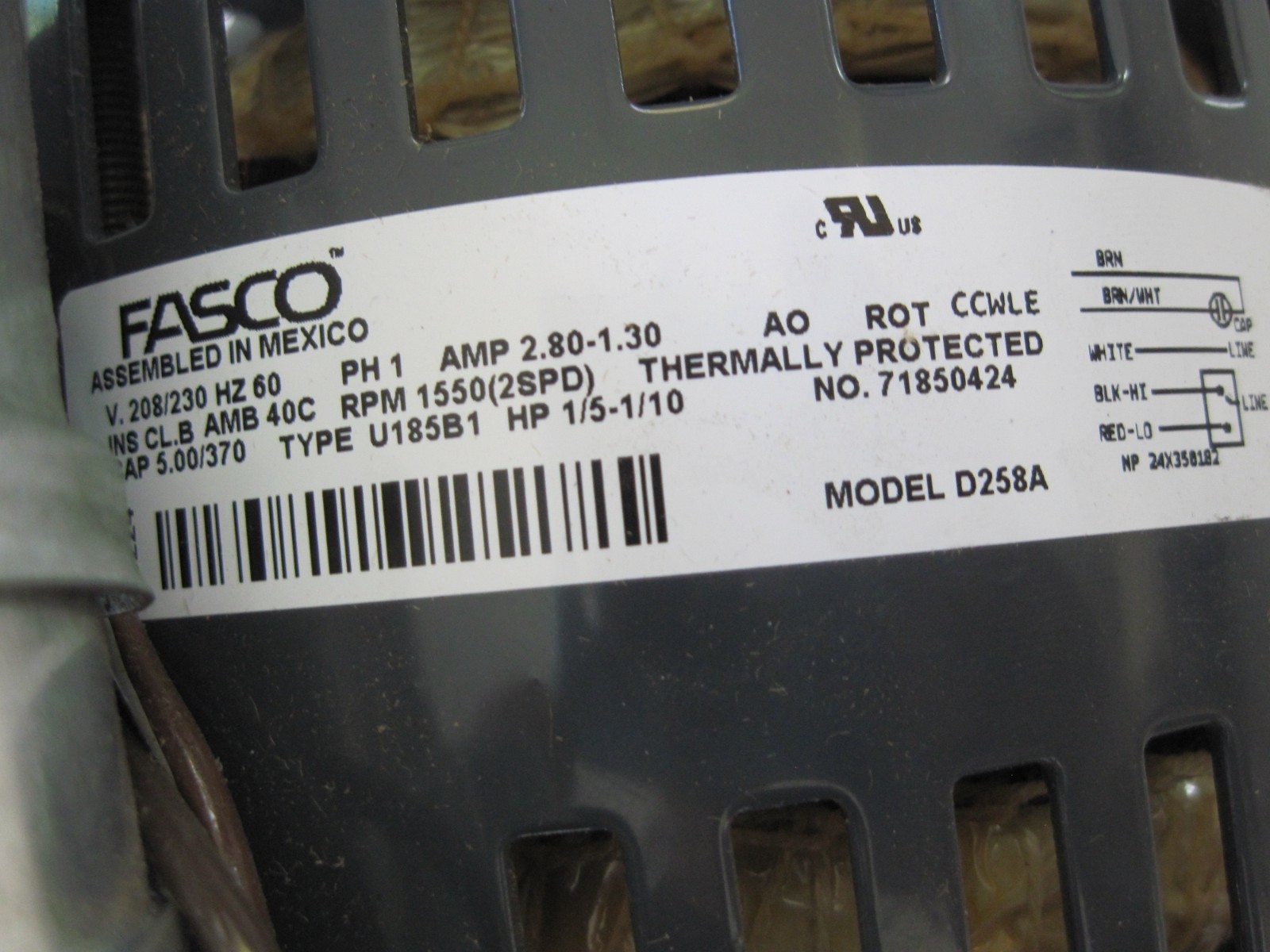 FASCO D258A Motor 1/5-1/10 HP 1550 rpm,42, 208-230V Motor For Fan Coil NEW
