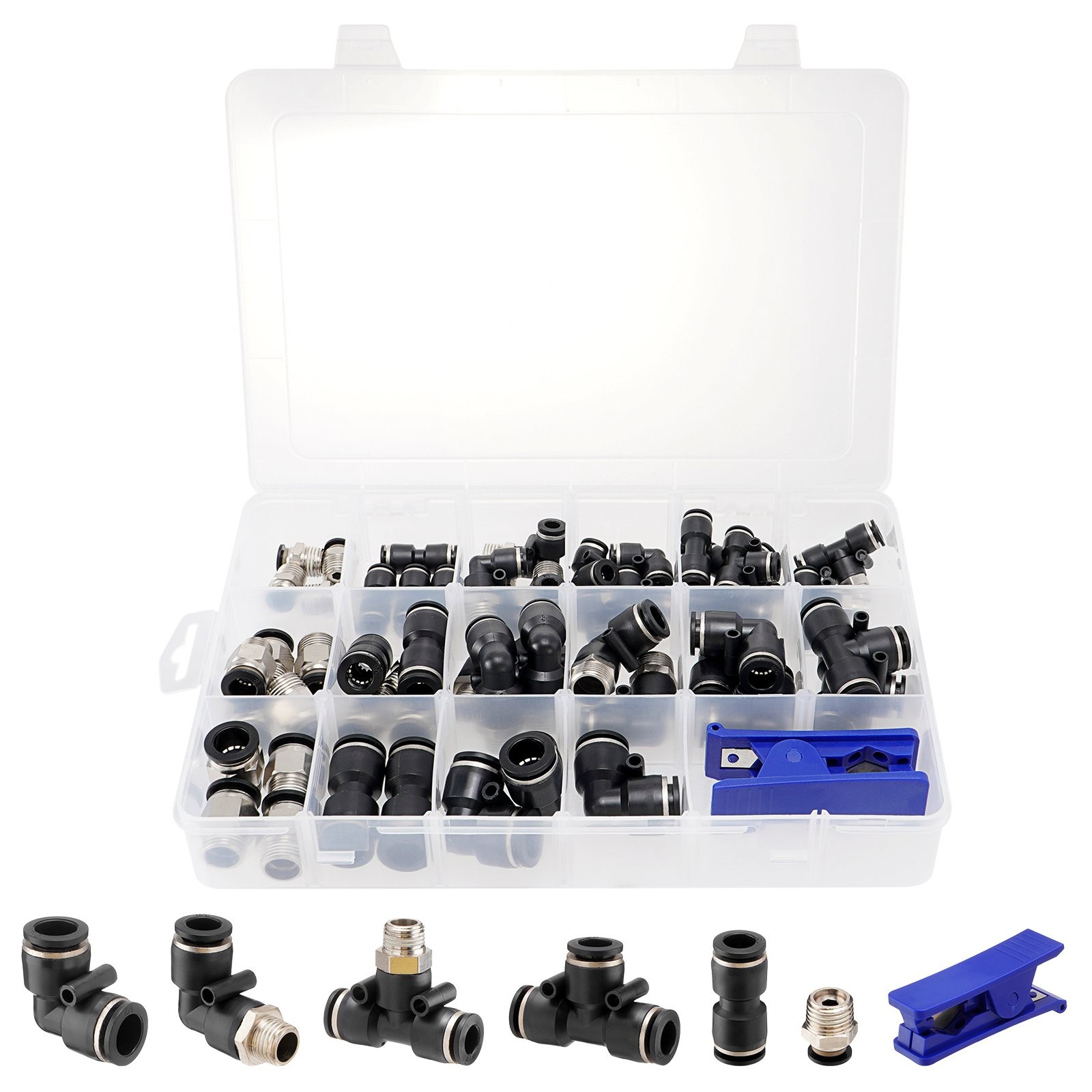 52X Quick Connect Air Line Fitting Kit 1/4 3/8 1/2 Push to Connect + Tube Cutter